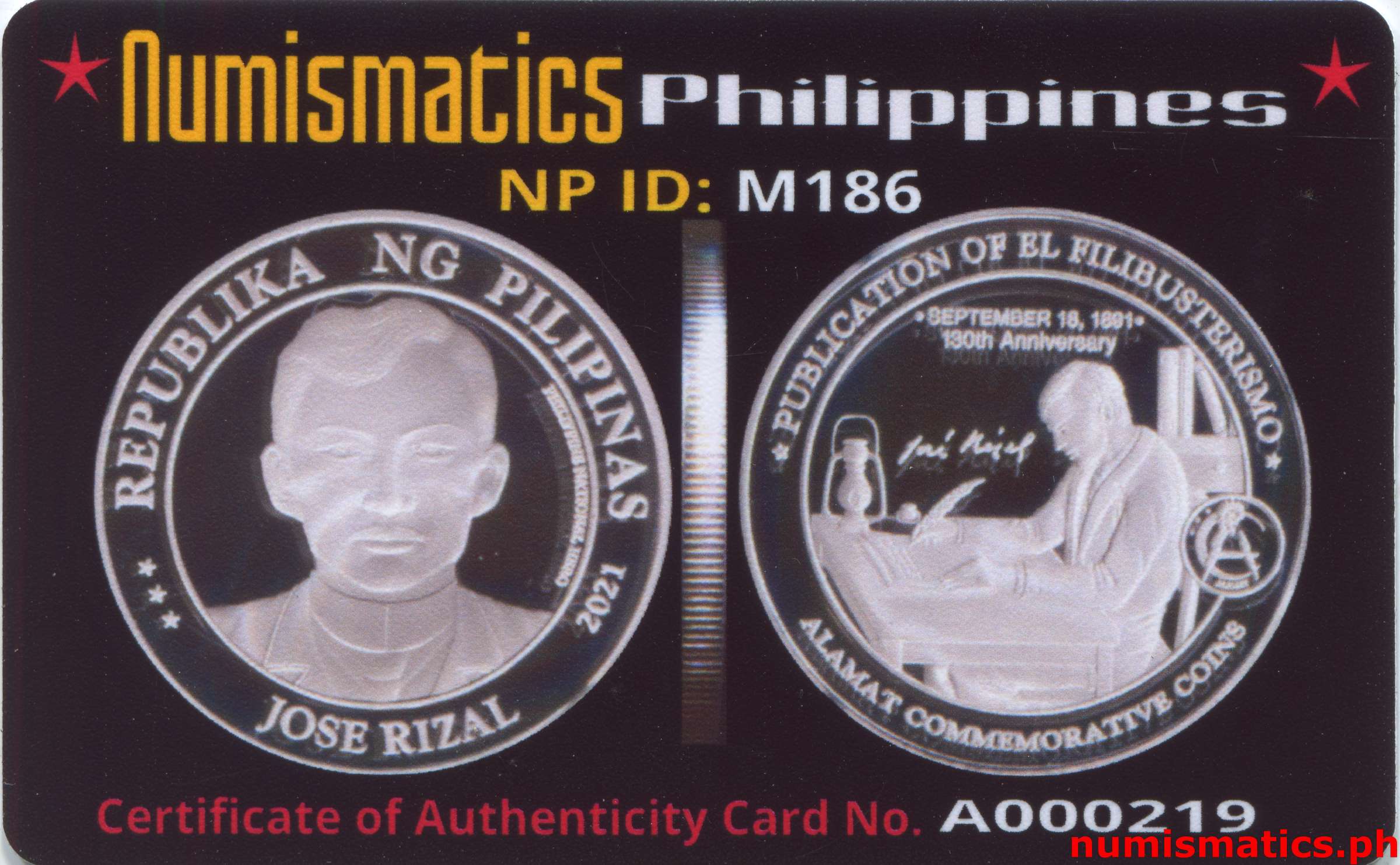 2021 Jose Rizal Publication of El Filibusterismo Medal A000219 COA Card Obverse