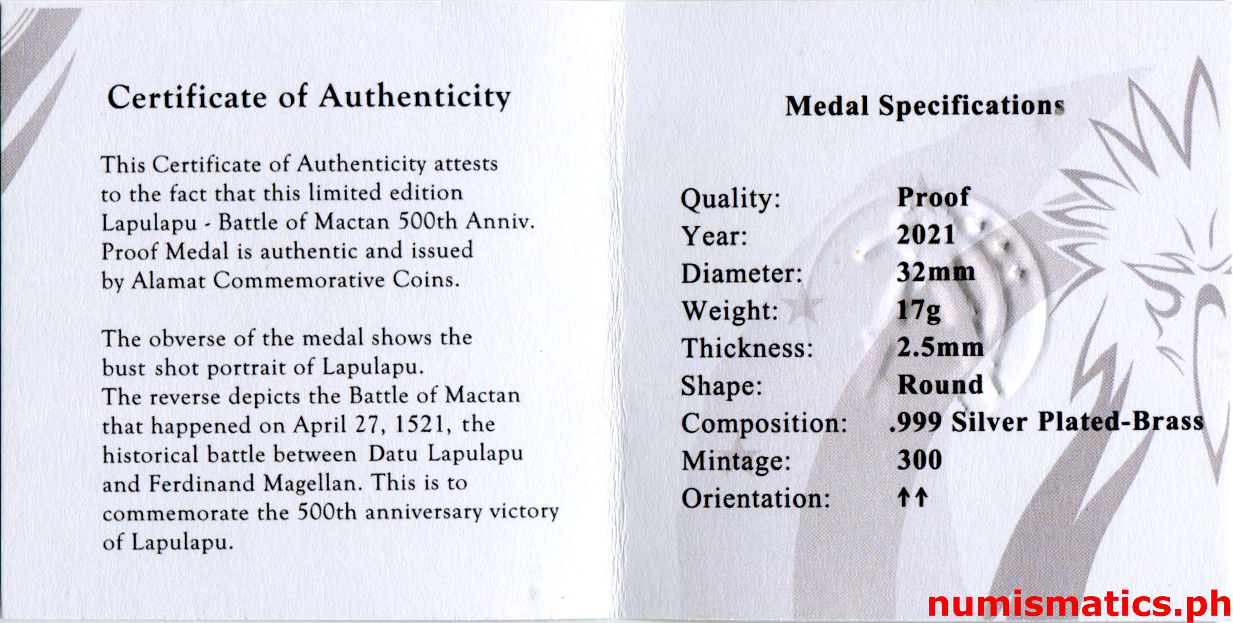 2021 Lapulapu - Battle of Mactan 500th Anniversary Medal COA 2