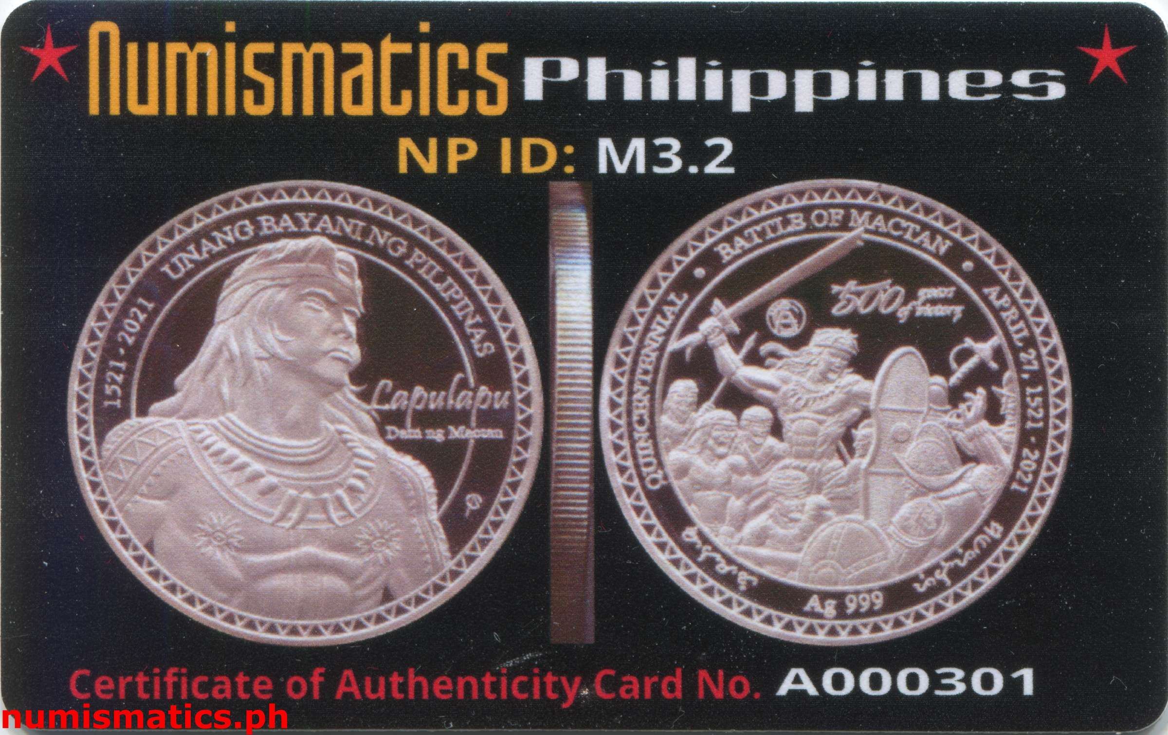 2021 Lapulapu - Battle of Mactan Silver Quincentennial Commemorative Medal A000301 COA Card Obverse