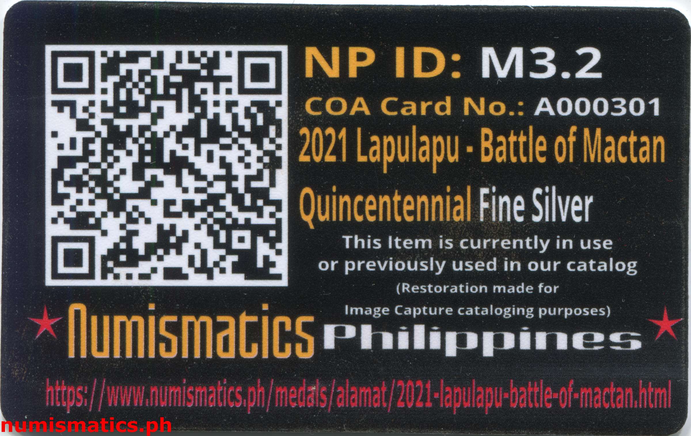 2021 Lapulapu - Battle of Mactan Silver Quincentennial Commemorative Medal A000301 COA Card Reverse