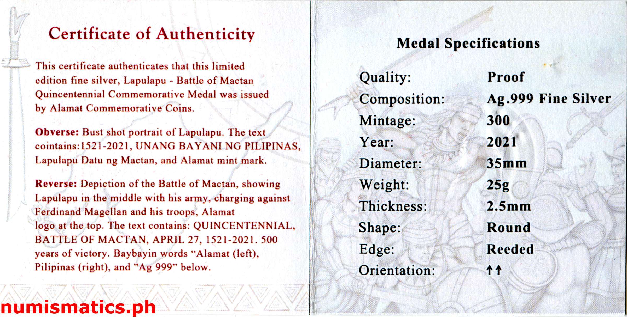 2021 Lapulapu - Battle of Mactan Silver Quincentennial Commemorative Medal COA 2