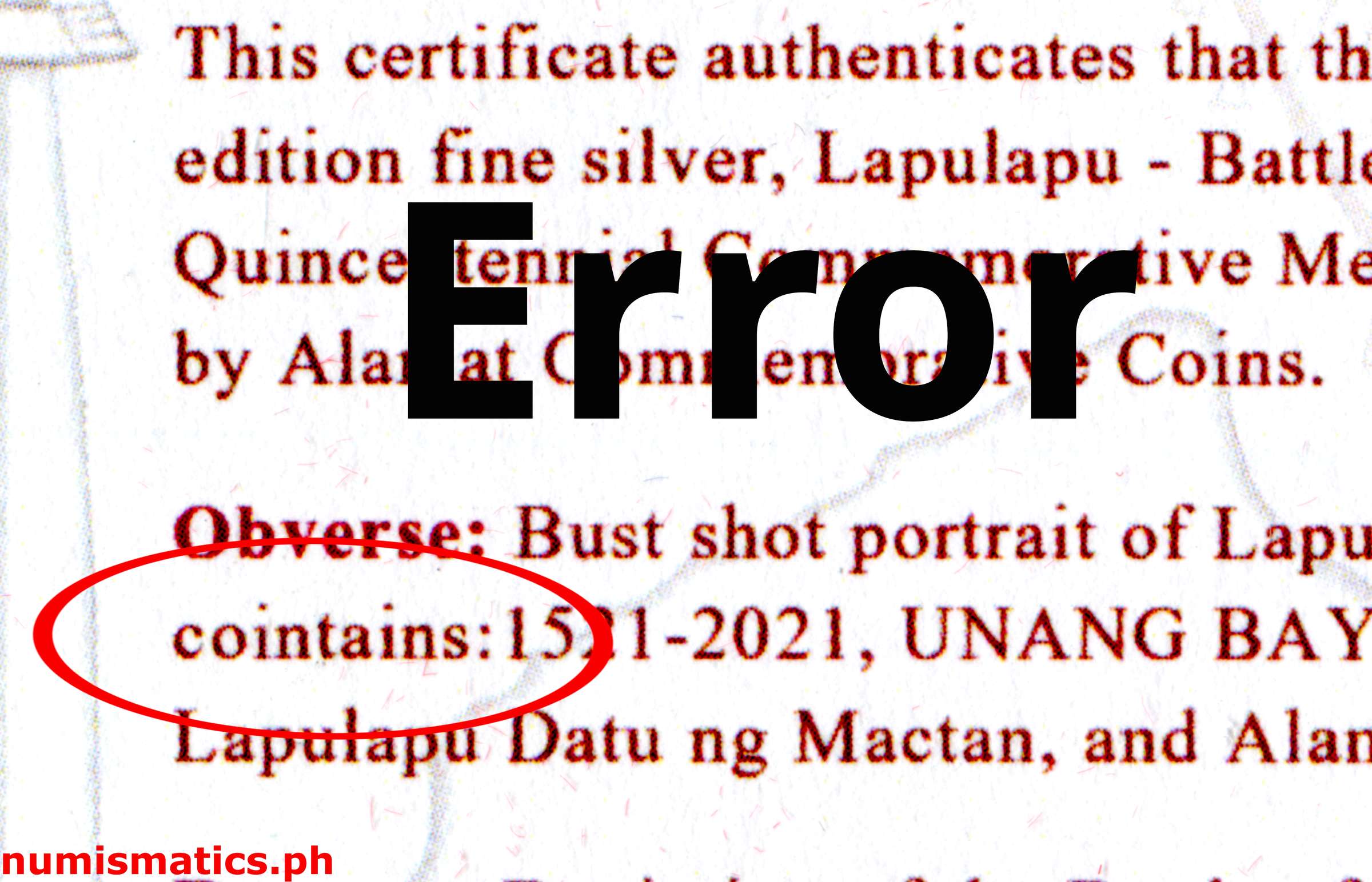 2021 Lapulapu - Battle of Mactan Silver Quincentennial Commemorative Medal COA Error