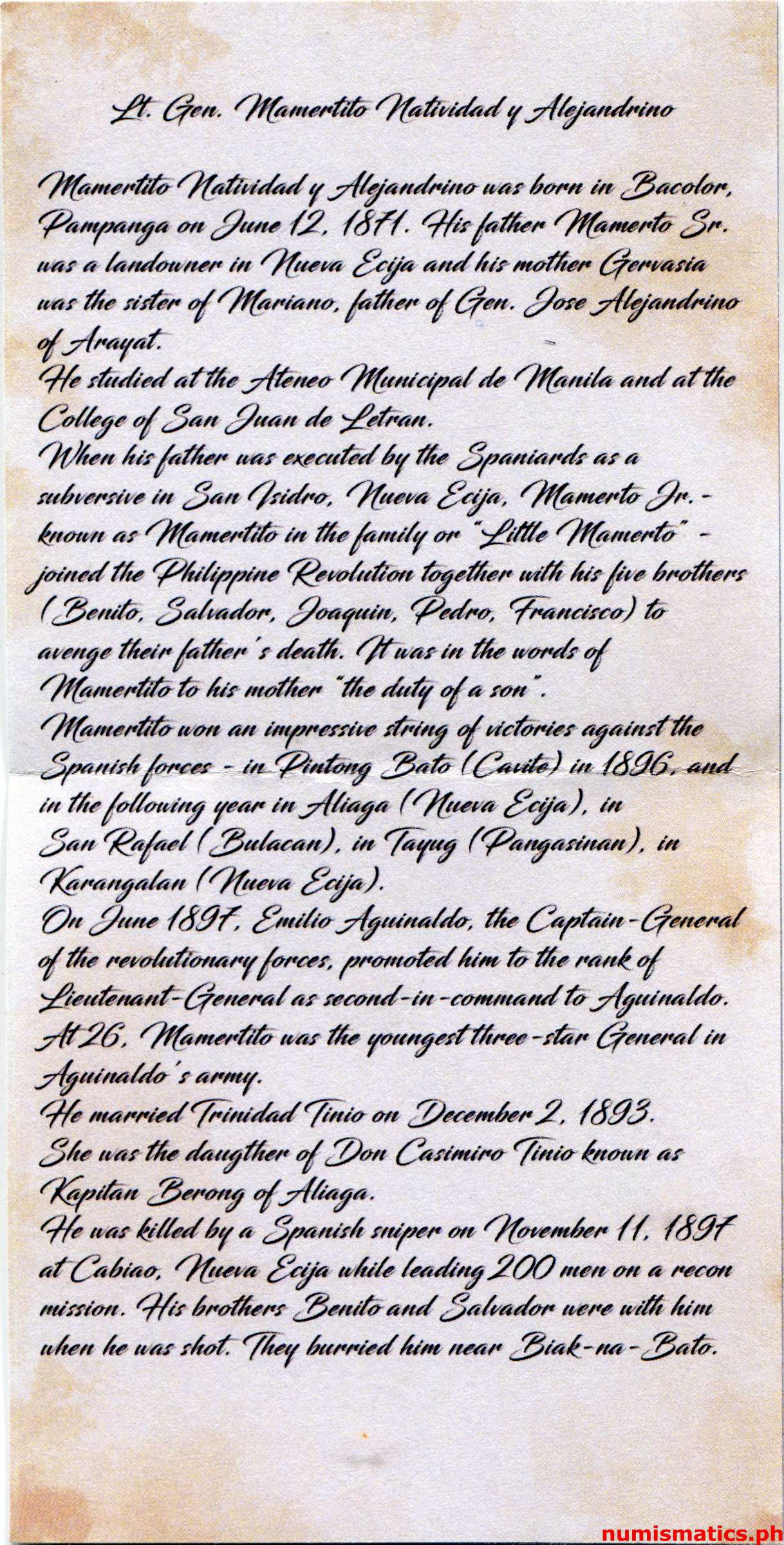 2021 Lt. Gen. Mamertito Natividad 150 Years Medal Literature