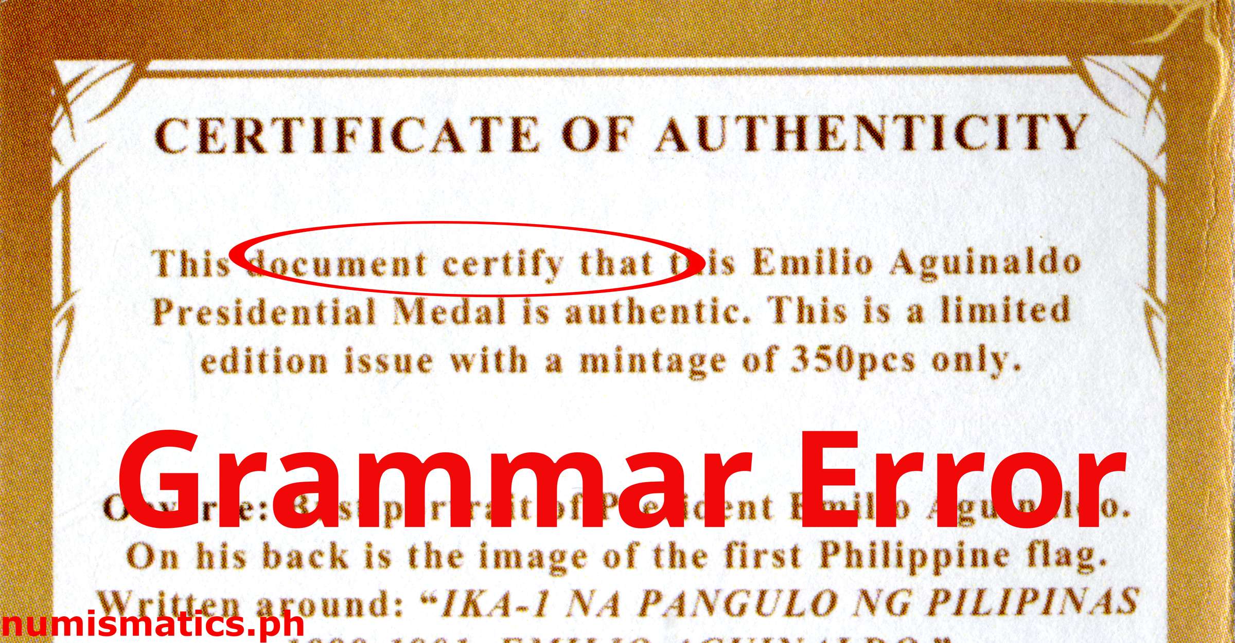 (2022) Emilio Aguinaldo ika-1 na Pangulo ng Pilipinas Slab Green Label Medal Error 1