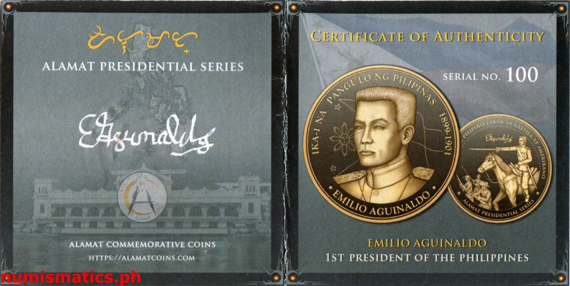 (2022) Emilio Aguinaldo ika-1 na Pangulo ng Pilipinas Slab Green Label Medal COA 1