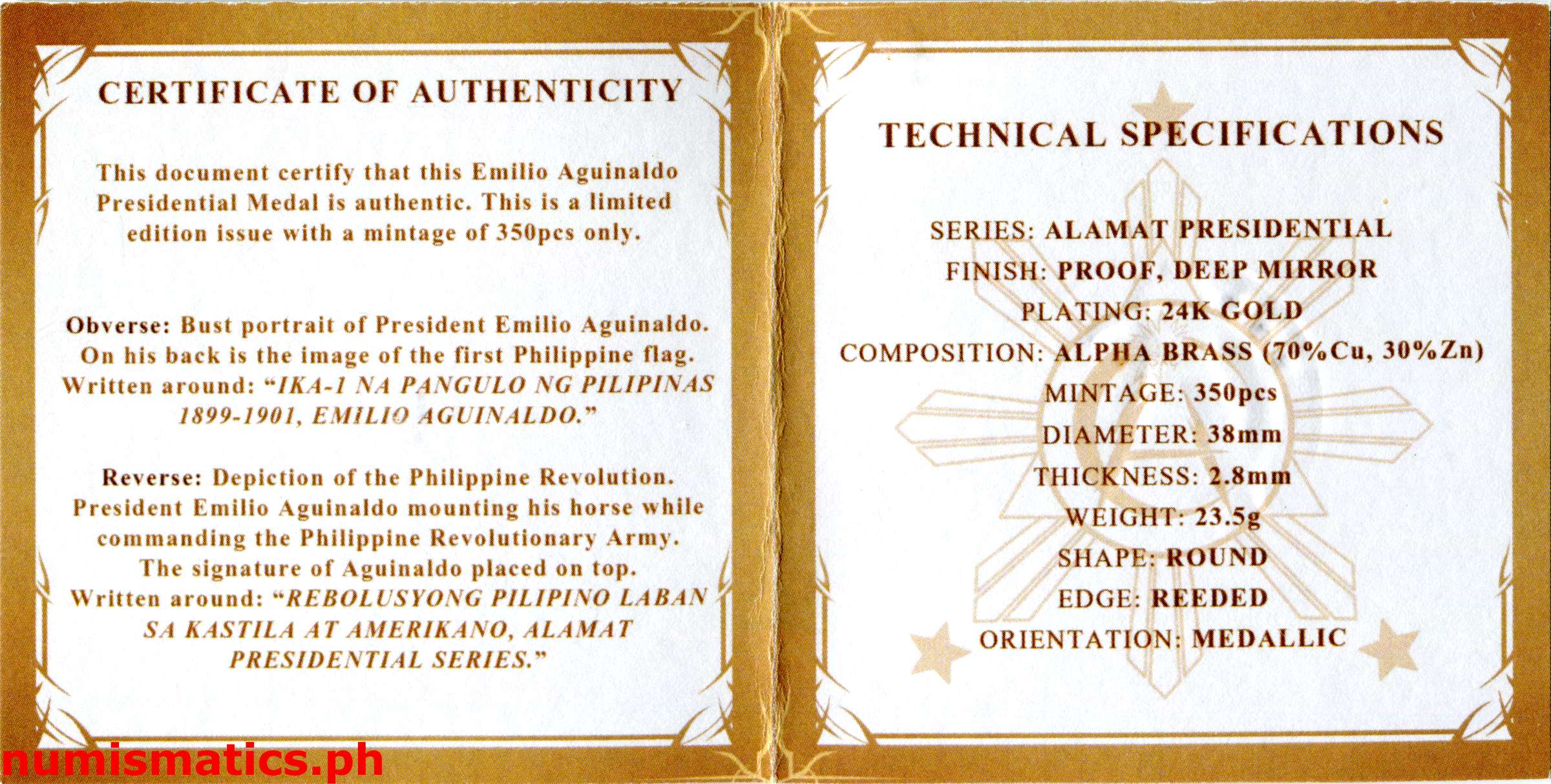 (2022) Emilio Aguinaldo ika-1 na Pangulo ng Pilipinas Slab Green Label Medal COA 2