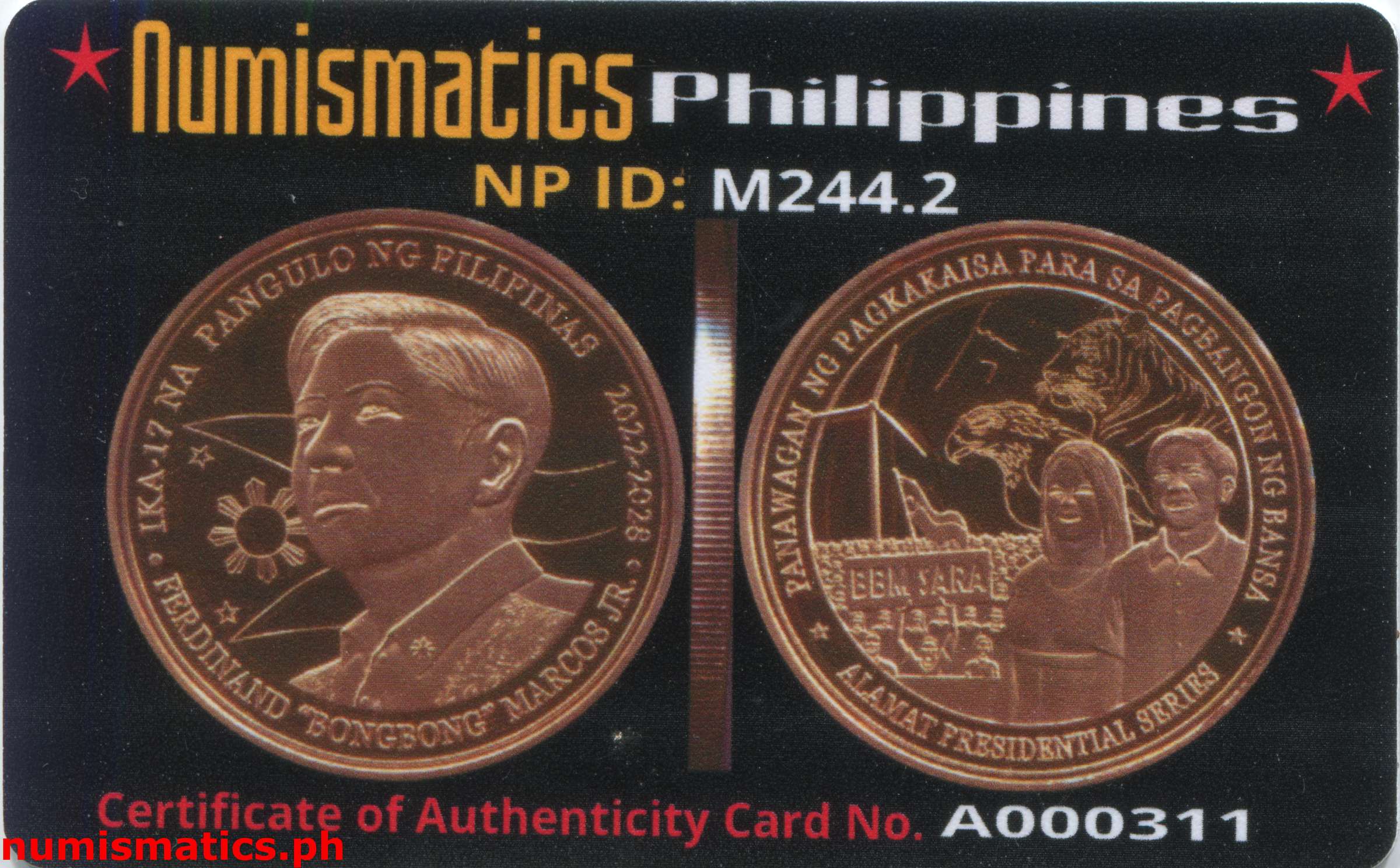 2022 Ferdinand Bongbong Marcos Jr. ika-17 na Pangulo ng Pilipinas Slab Green Label Medal A000311 COA Card Obverse