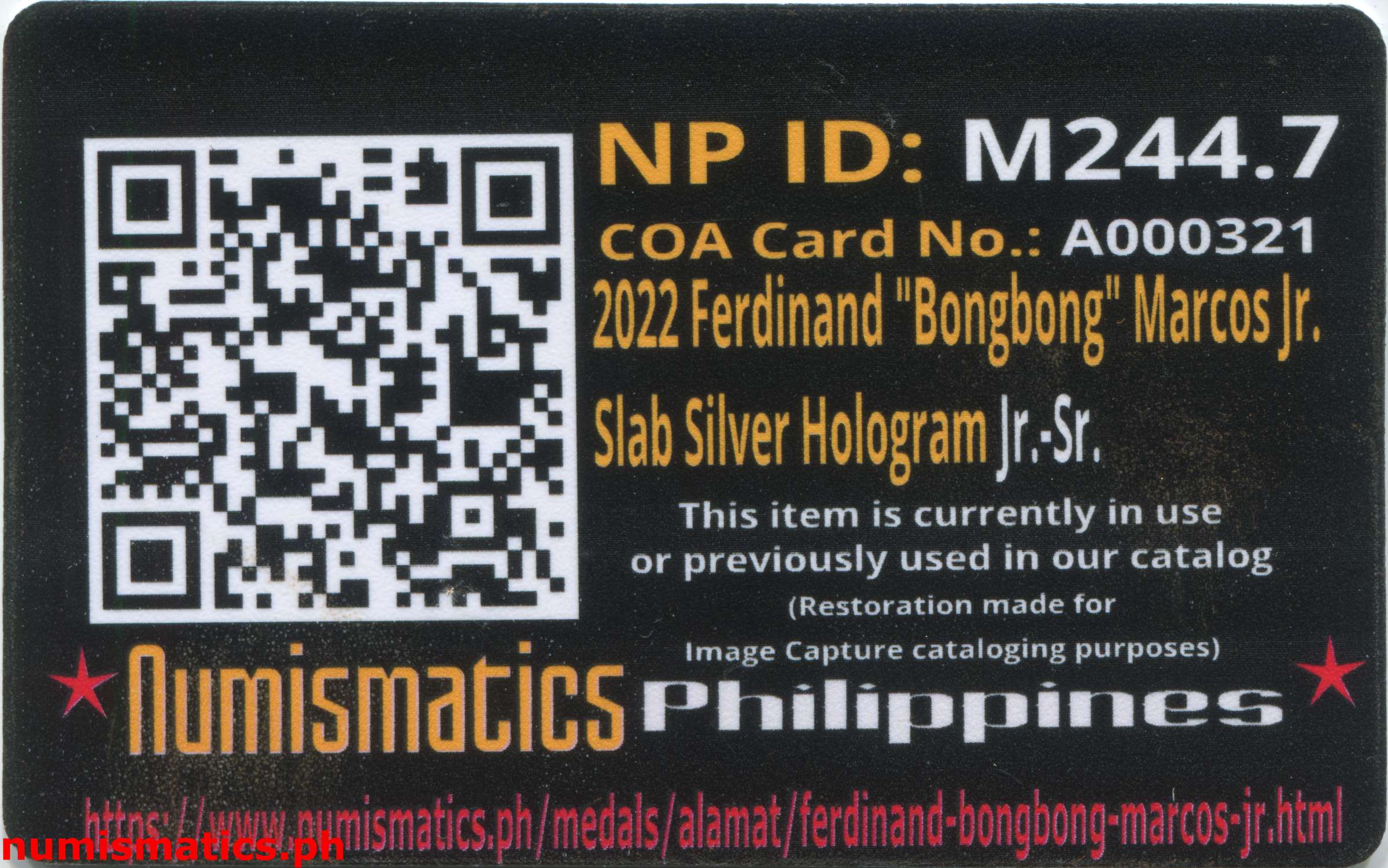 2022 Ferdinand Bongbong Marcos Jr. ika-17 na Pangulo ng Pilipinas Slab Green Label Medal A000321 COA Card Reverse