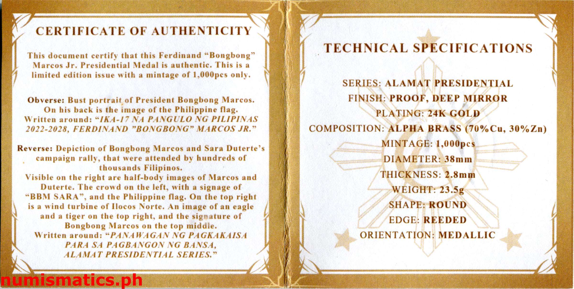 2022 Ferdinand Bongbong Marcos Jr. ika-17 na Pangulo ng Pilipina Slab Green Label Medal COA 2