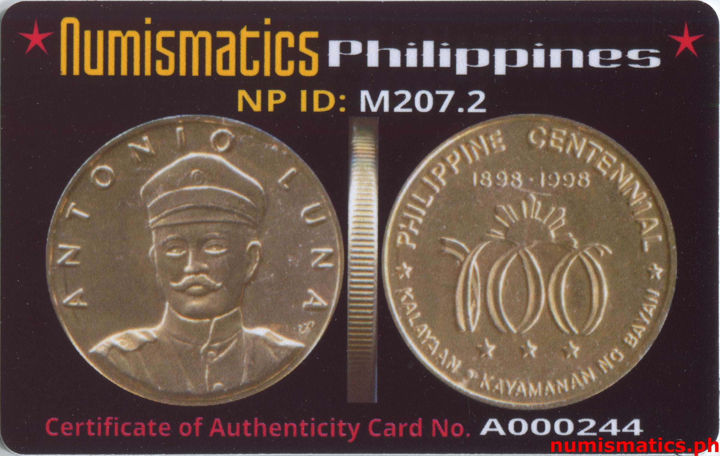 1998 Heroes Commemorative Coin Collection Antonio Luna A000244 COA Card Obverse