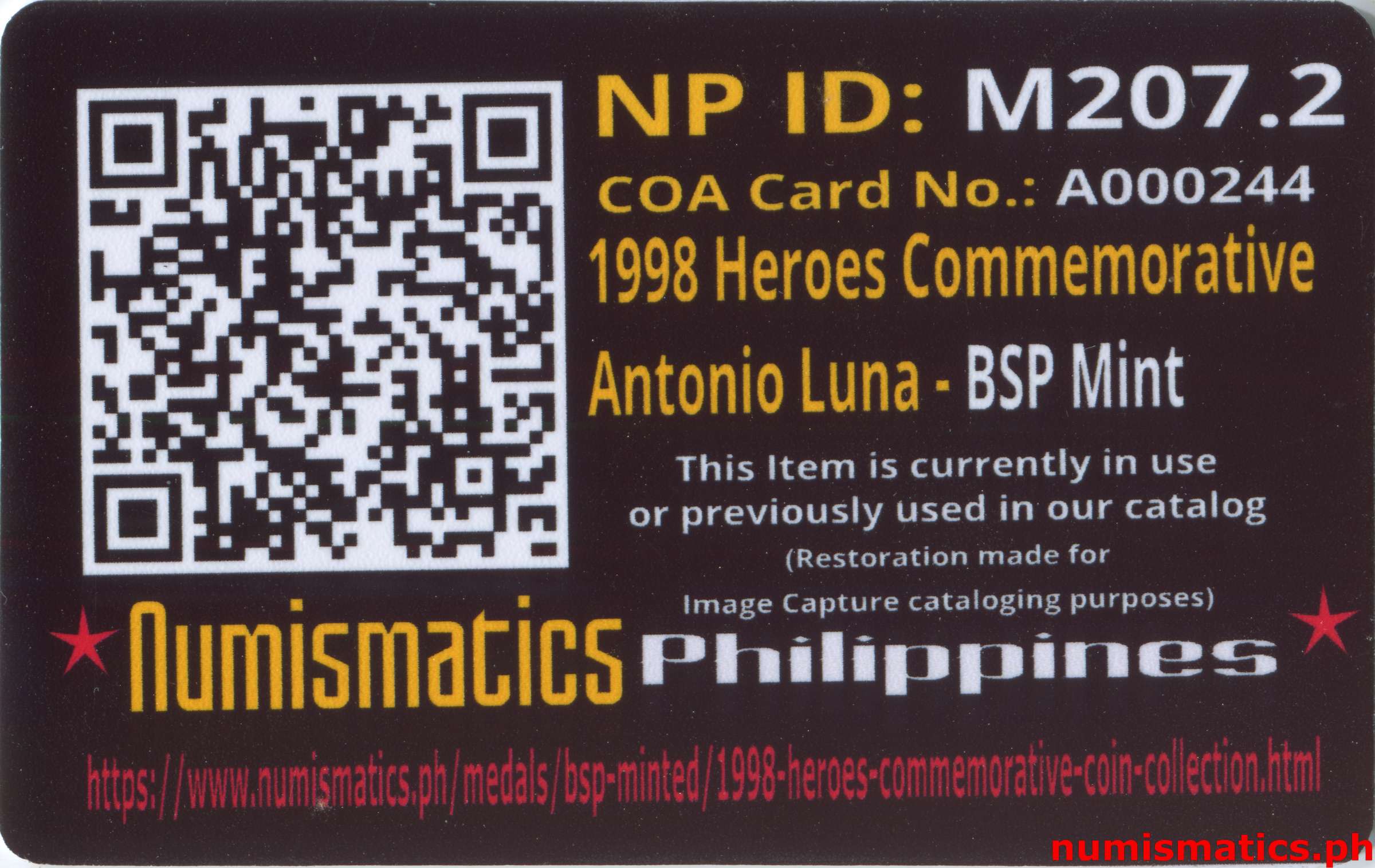 1998 Heroes Commemorative Coin Collection Antonio Luna A000244 COA Card Reverse