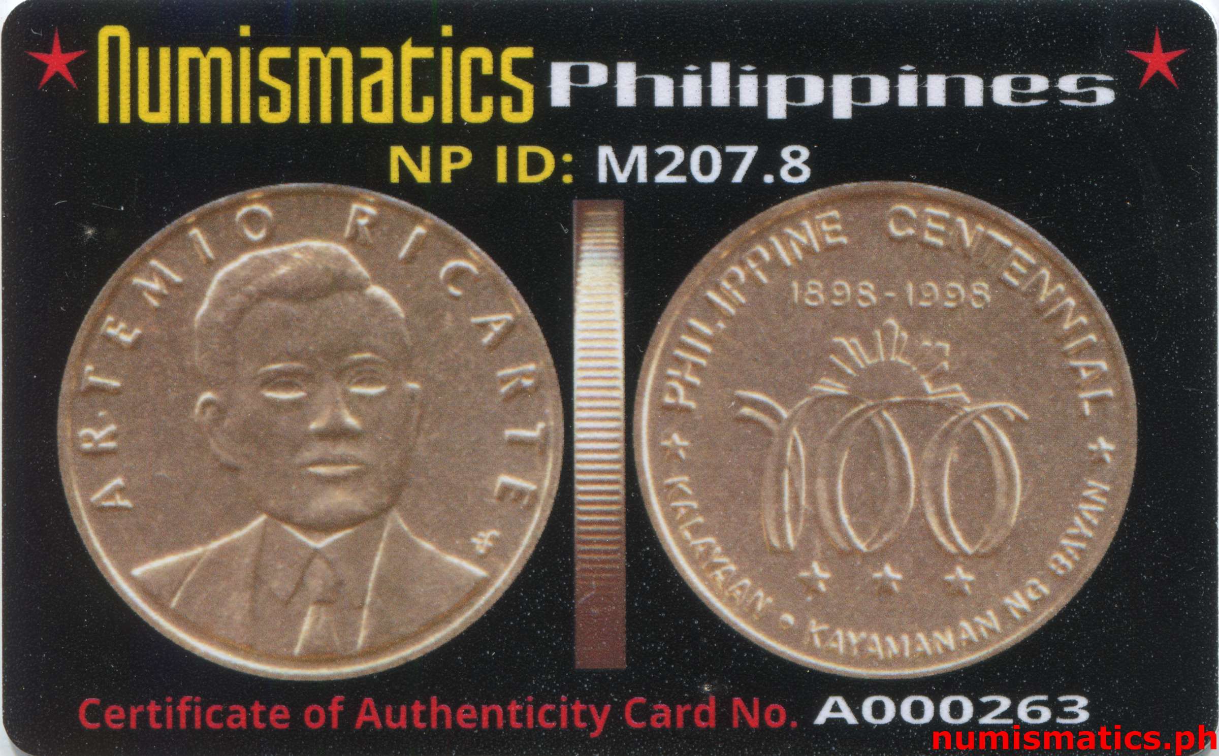 1998 Heroes Commemorative Coin Collection Artemio Ricarte A000263 COA Card Obverse