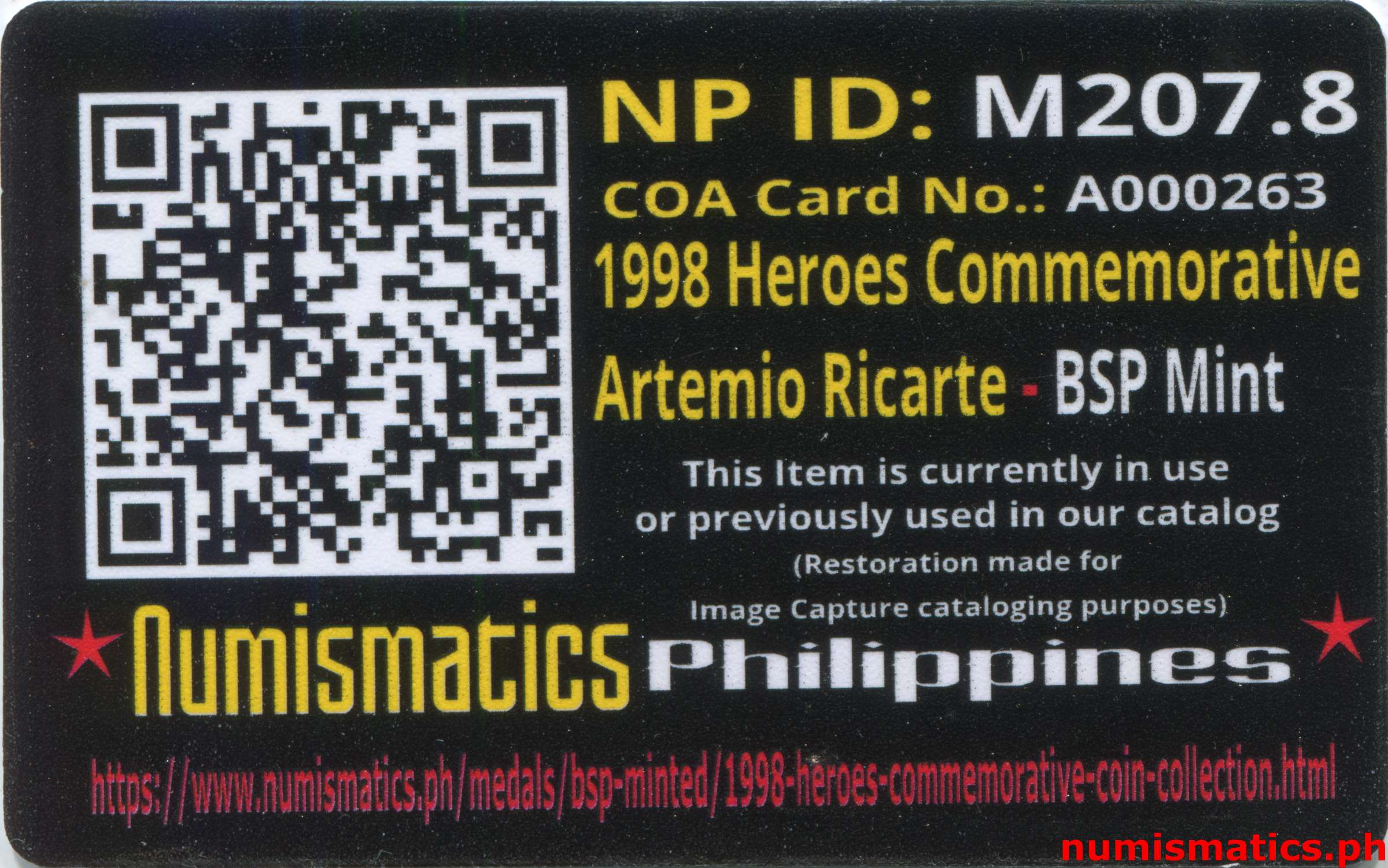 1998 Heroes Commemorative Coin Collection Artemio Ricarte A000263 COA Card Reverse