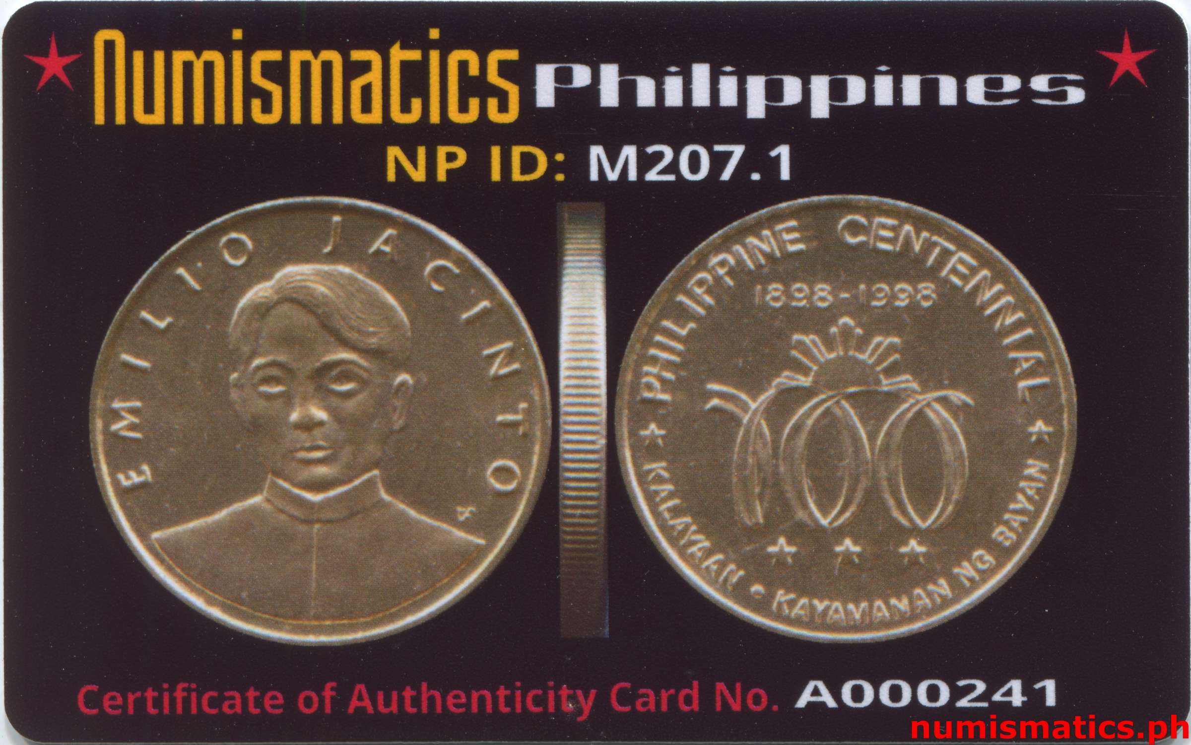 1998 Heroes Commemorative Coin Collection Emilio Jacinto A000241 COA Card Obverse
