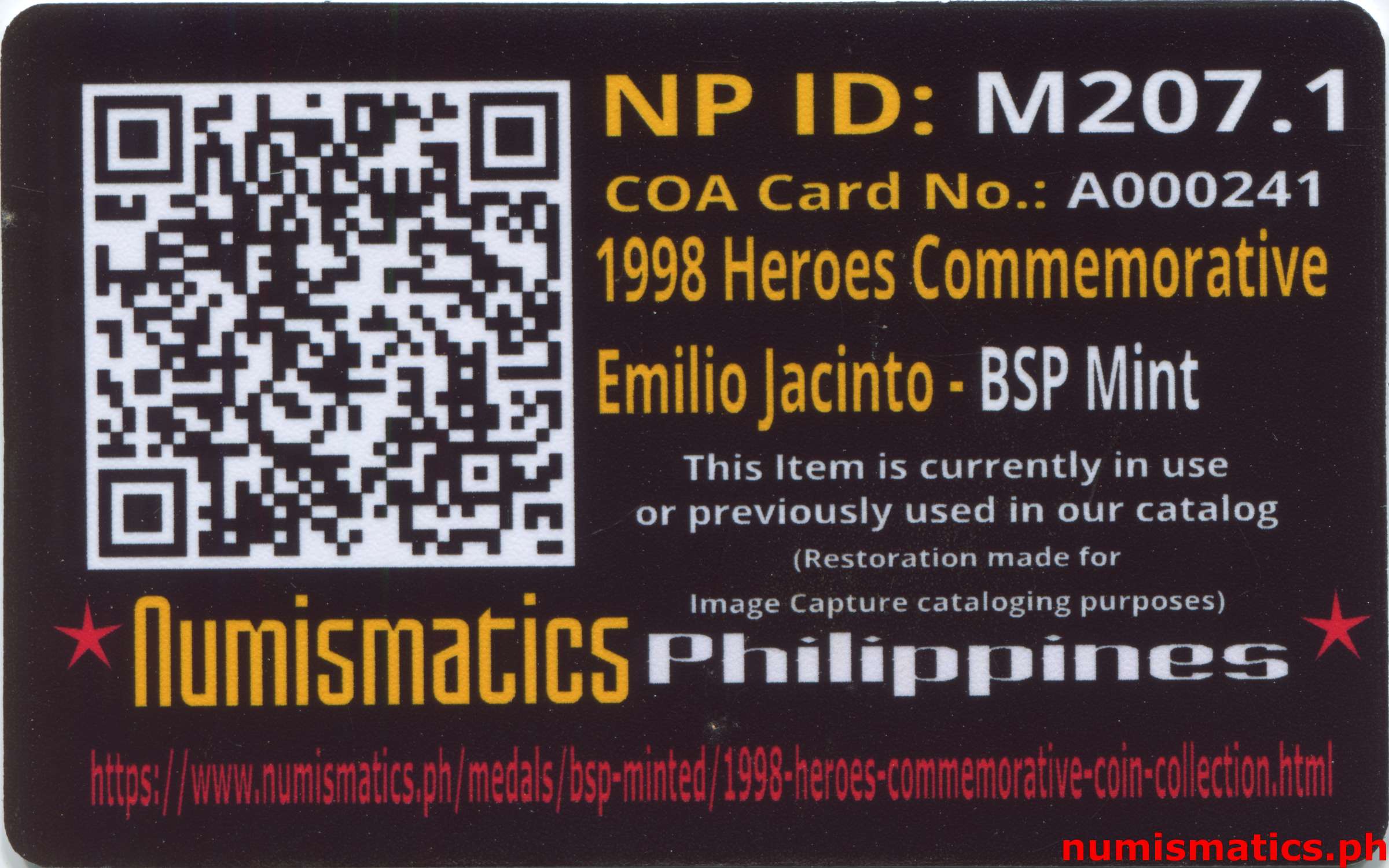 1998 Heroes Commemorative Coin Collection Emilio Jacinto A000241 COA Card Reverse