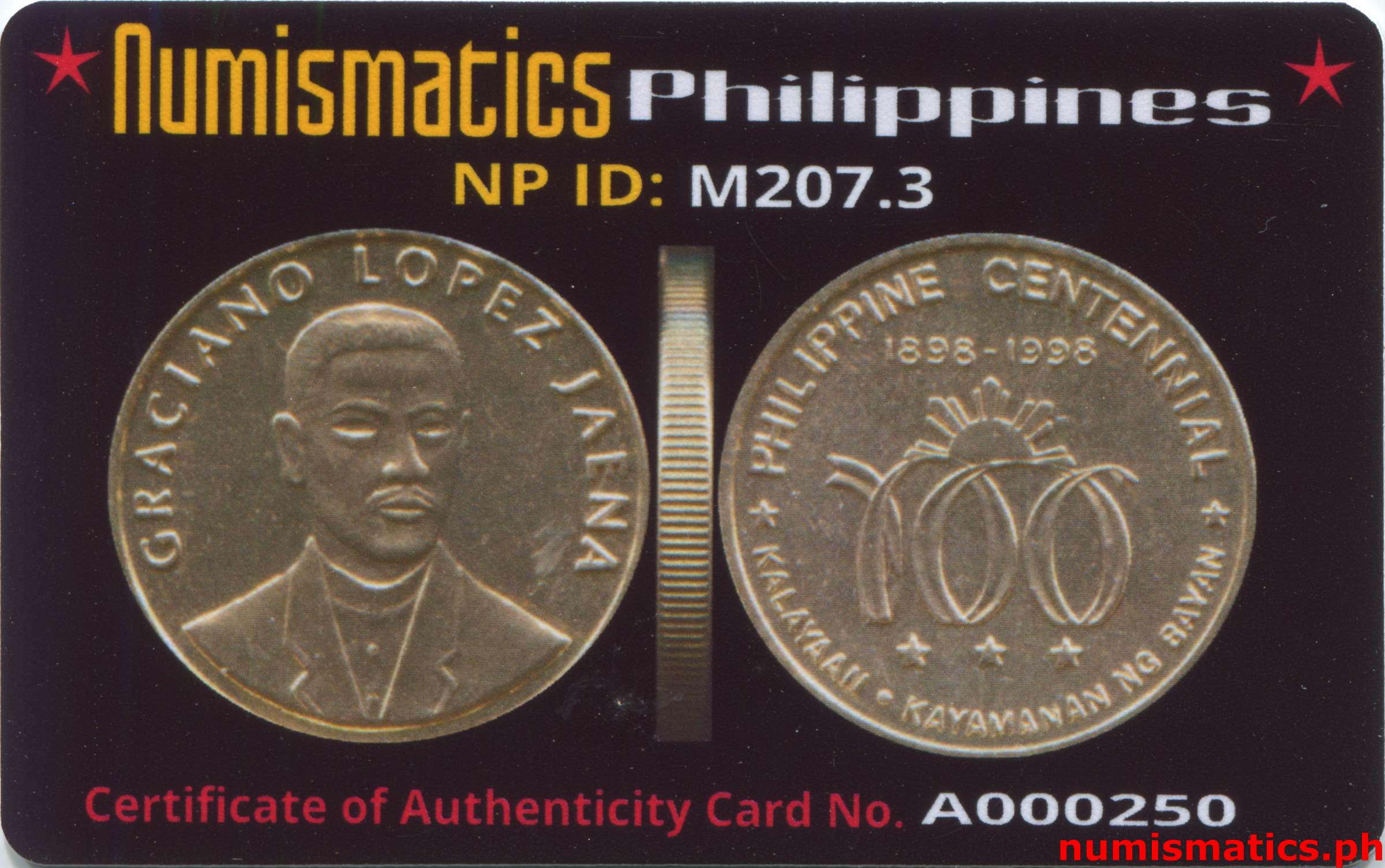 1998 Heroes Commemorative Coin Collection Graciano Lopez Jaena A000250 COA Card Obverse