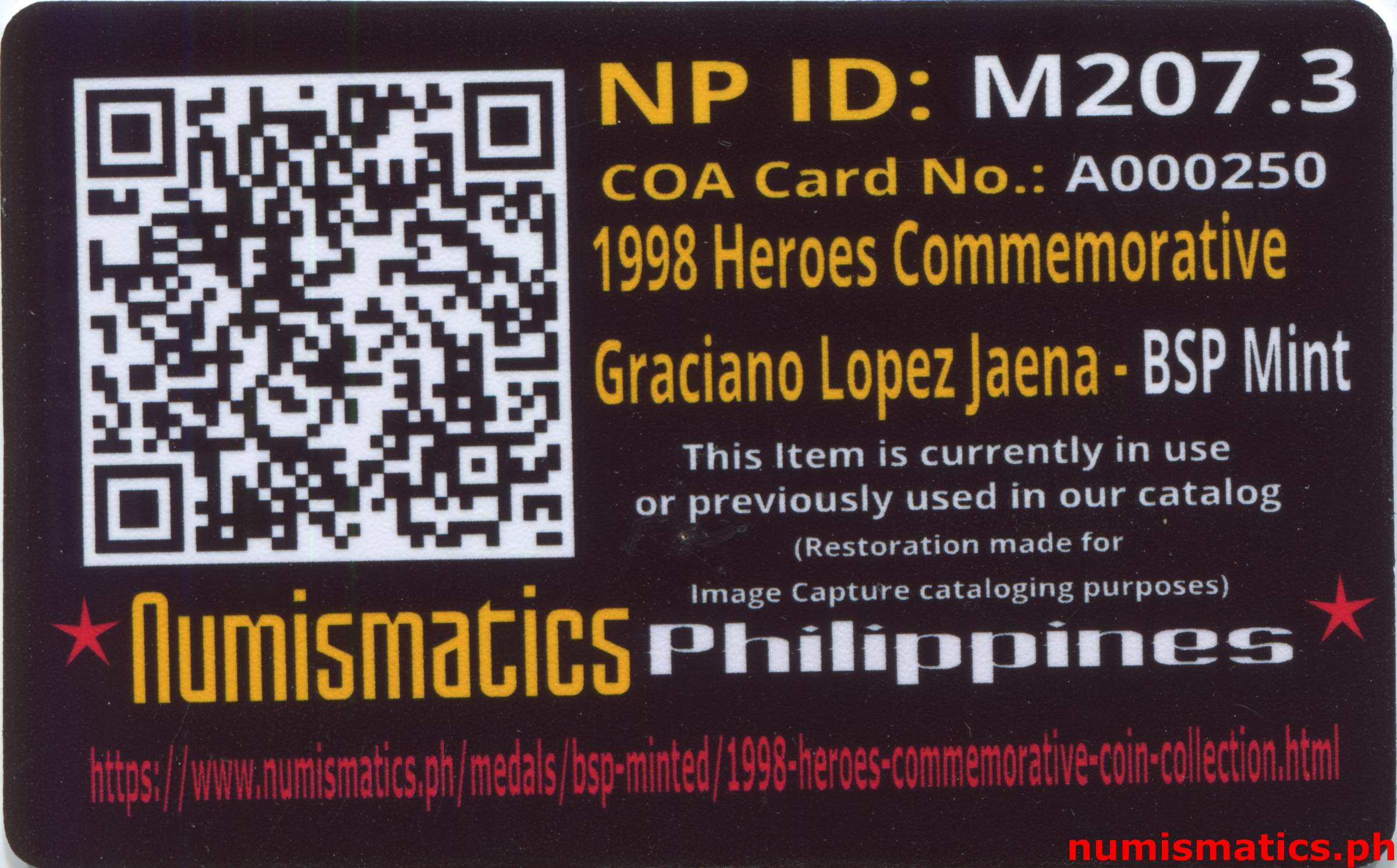 1998 Heroes Commemorative Coin Collection Graciano Lopez Jaena A000250 COA Card Reverse