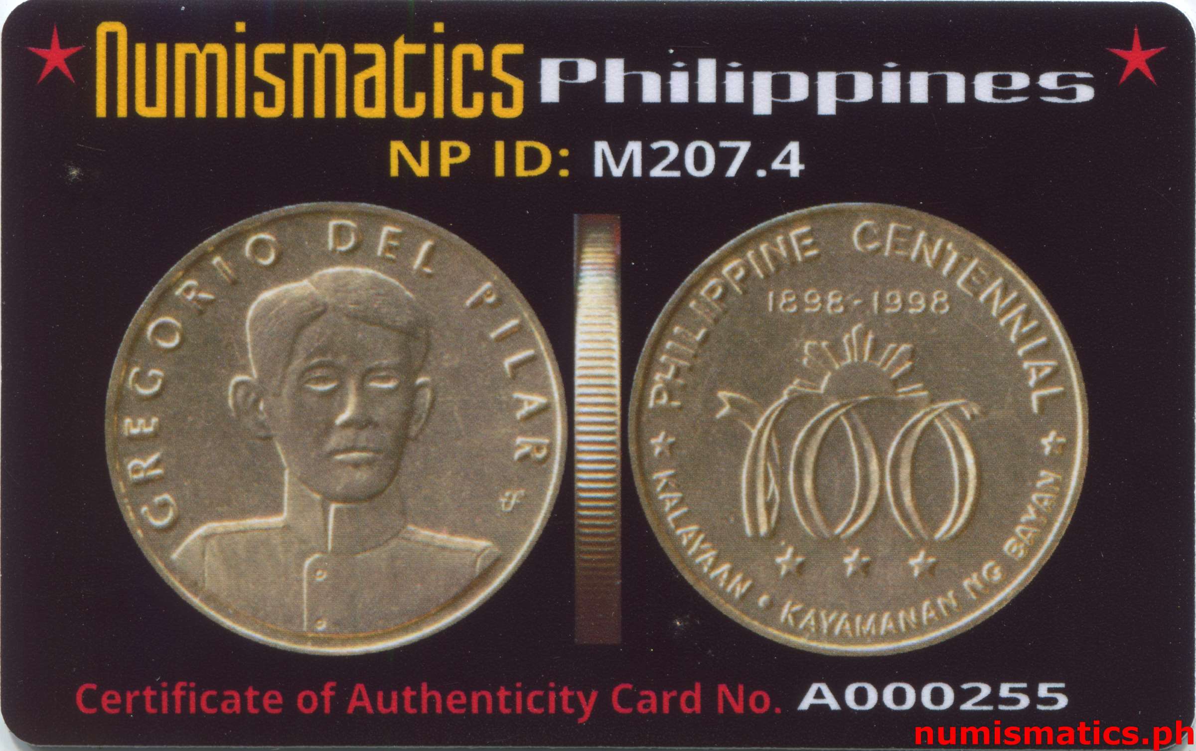 1998 Heroes Commemorative Coin Collection Gregorio del Pilar A000255 COA Card Obverse