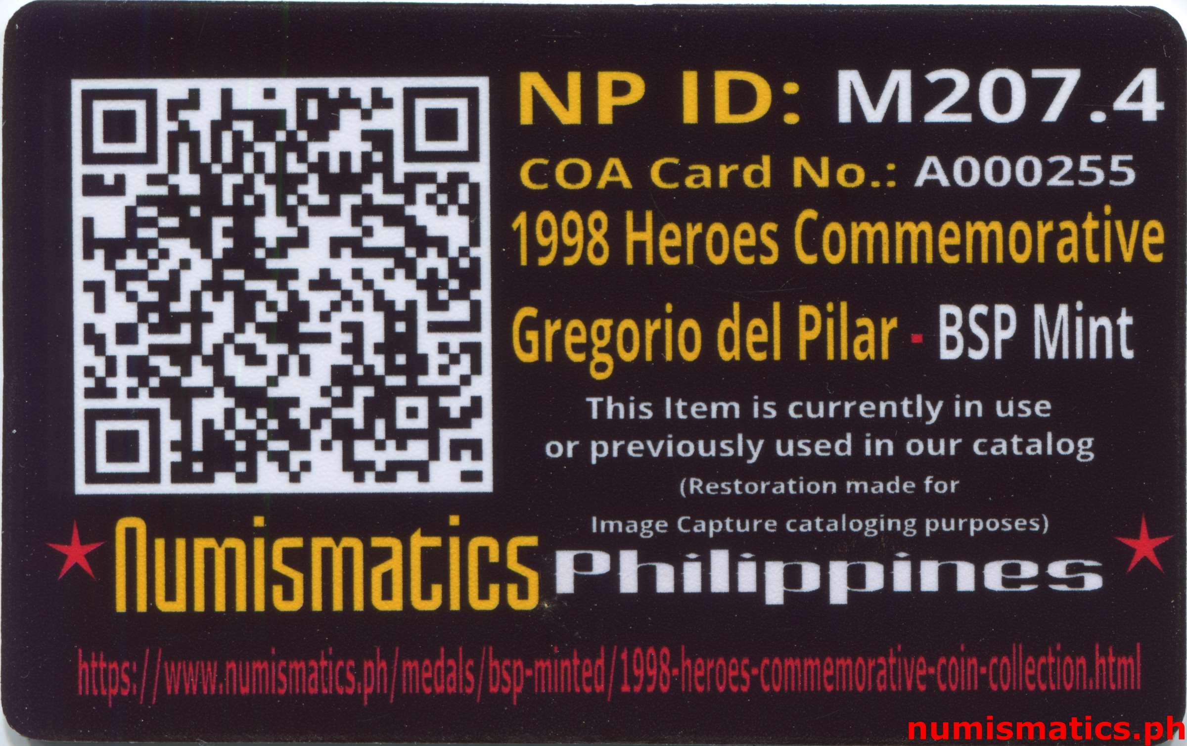 1998 Heroes Commemorative Coin Collection Gregorio del Pilar A000255 COA Card Reverse