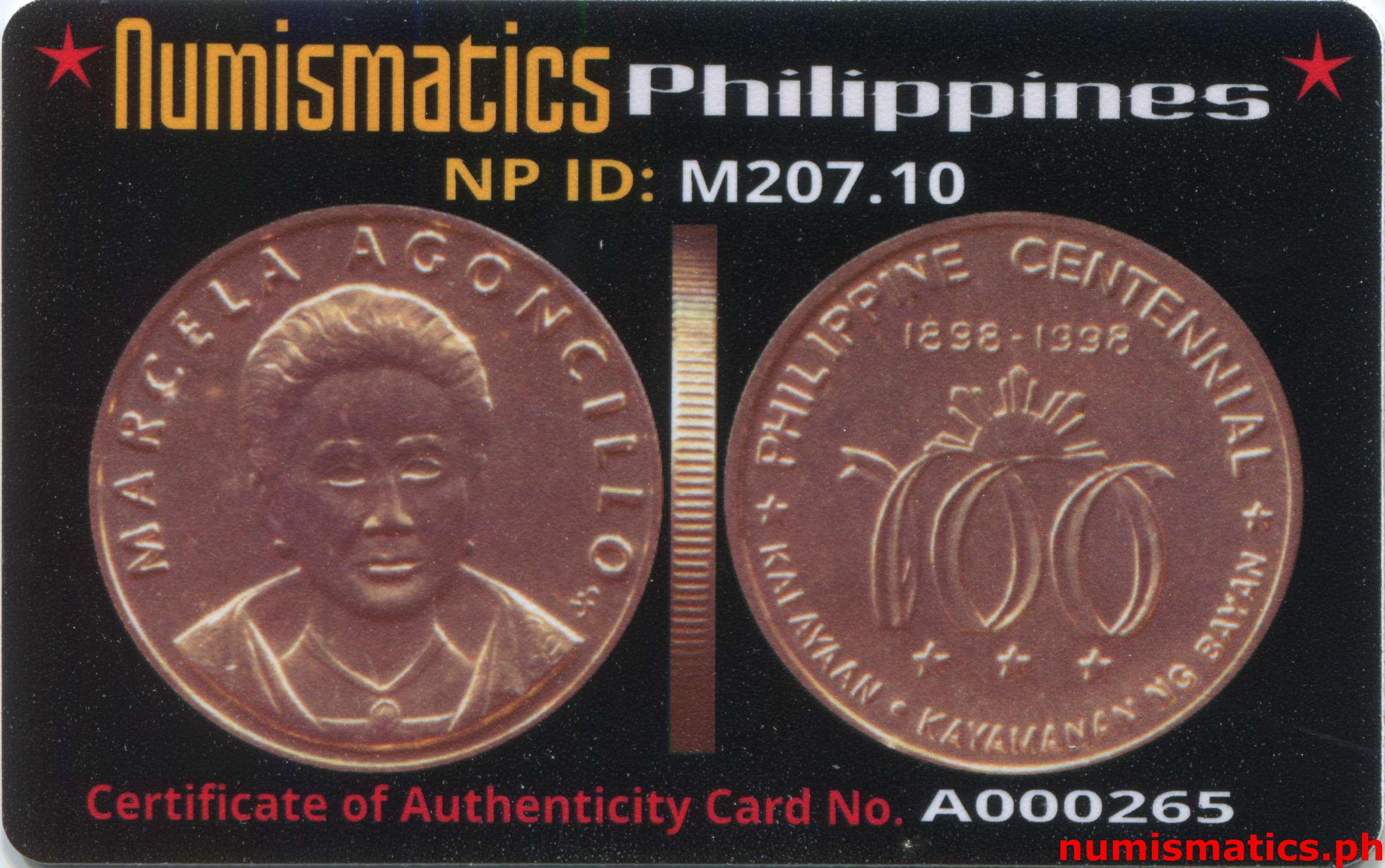 1998 Heroes Commemorative Coin Collection Marcela Agoncillo A000265 COA Card Obverse