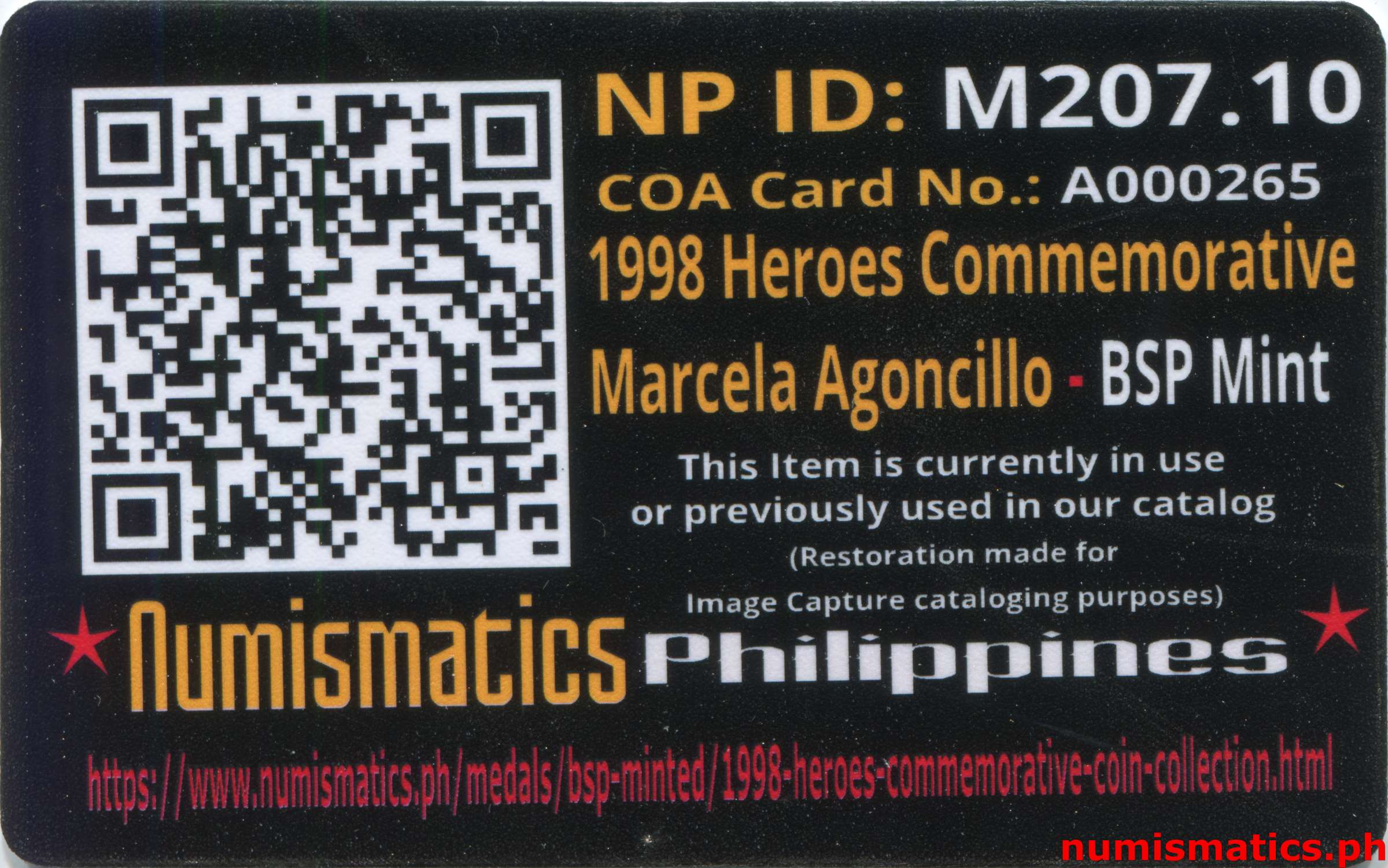 1998 Heroes Commemorative Coin Collection Marcela Agoncillo A000265 COA Card Reverse