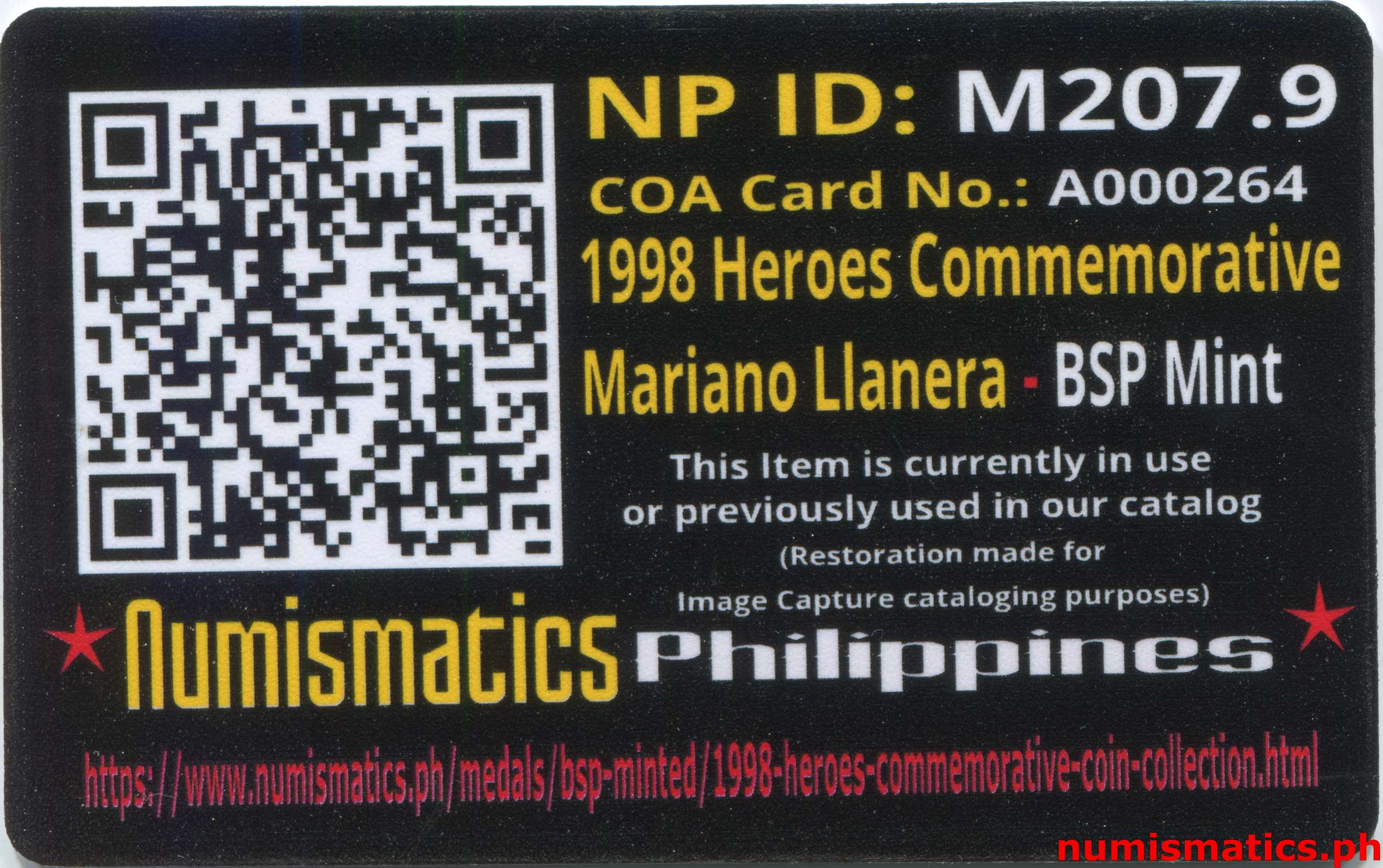 1998 Heroes Commemorative Coin Collection Mariano Llanera A000264 COA Card Reverse