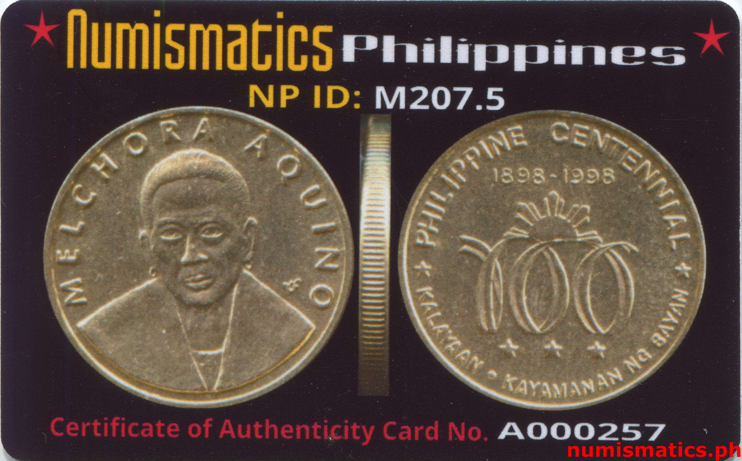 1998 Heroes Commemorative Coin Collection Melchora Aquino A000257 COA Card Obverse