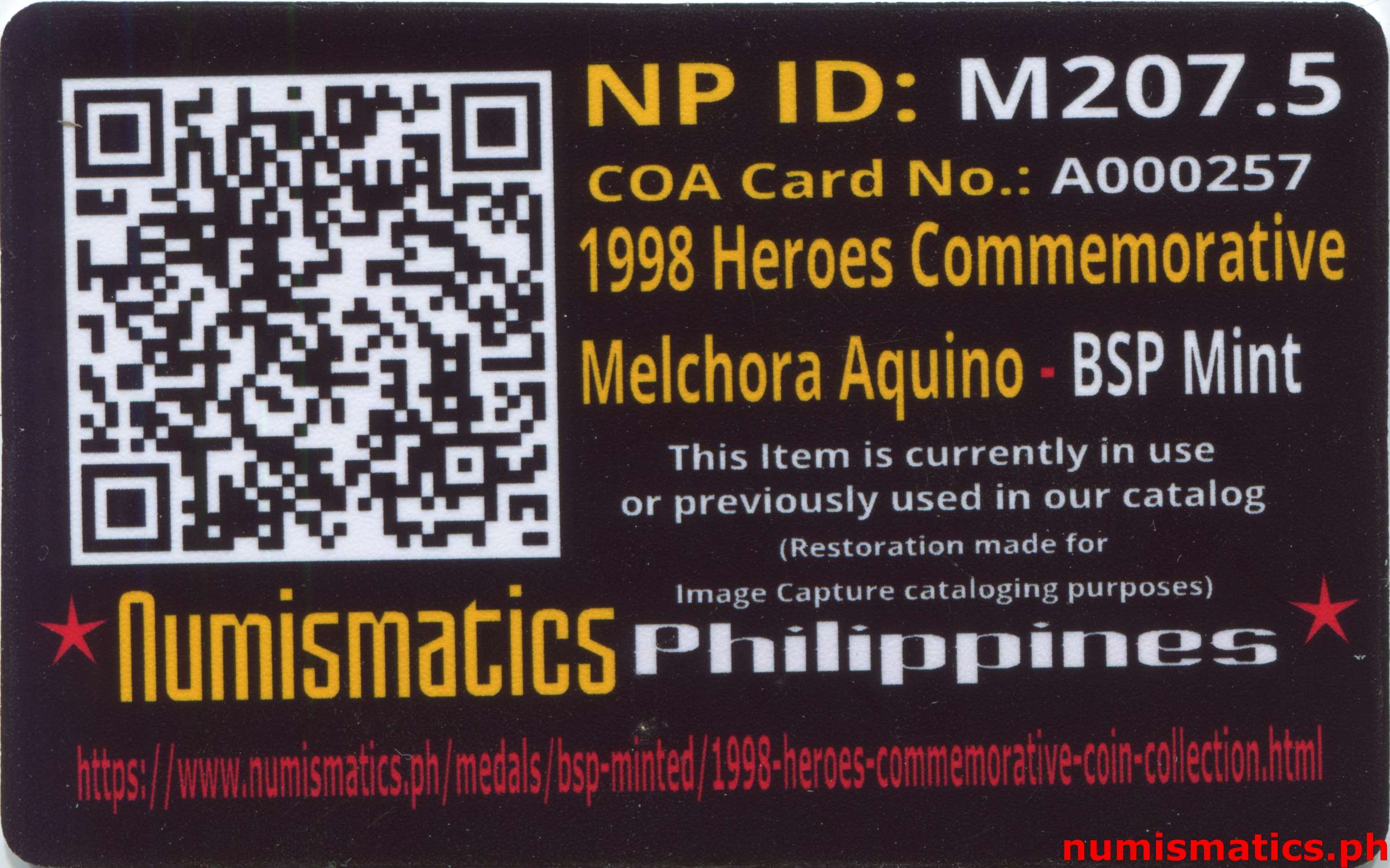 1998 Heroes Commemorative Coin Collection Melchora Aquino A000257 COA Card Reverse