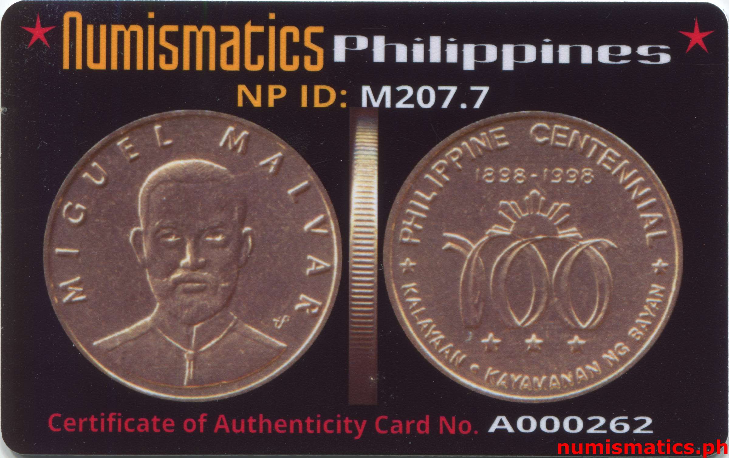 1998 Heroes Commemorative Coin Collection Miguel Malvar A000262 COA Card Obverse