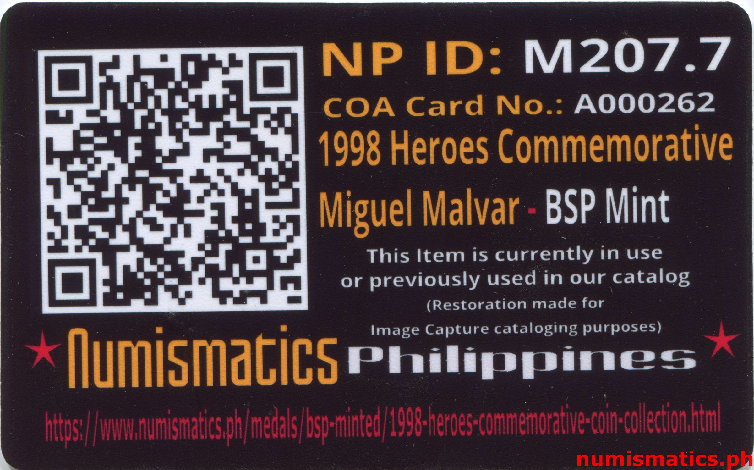 1998 Heroes Commemorative Coin Collection Miguel Malvar A000262 COA Card Reverse