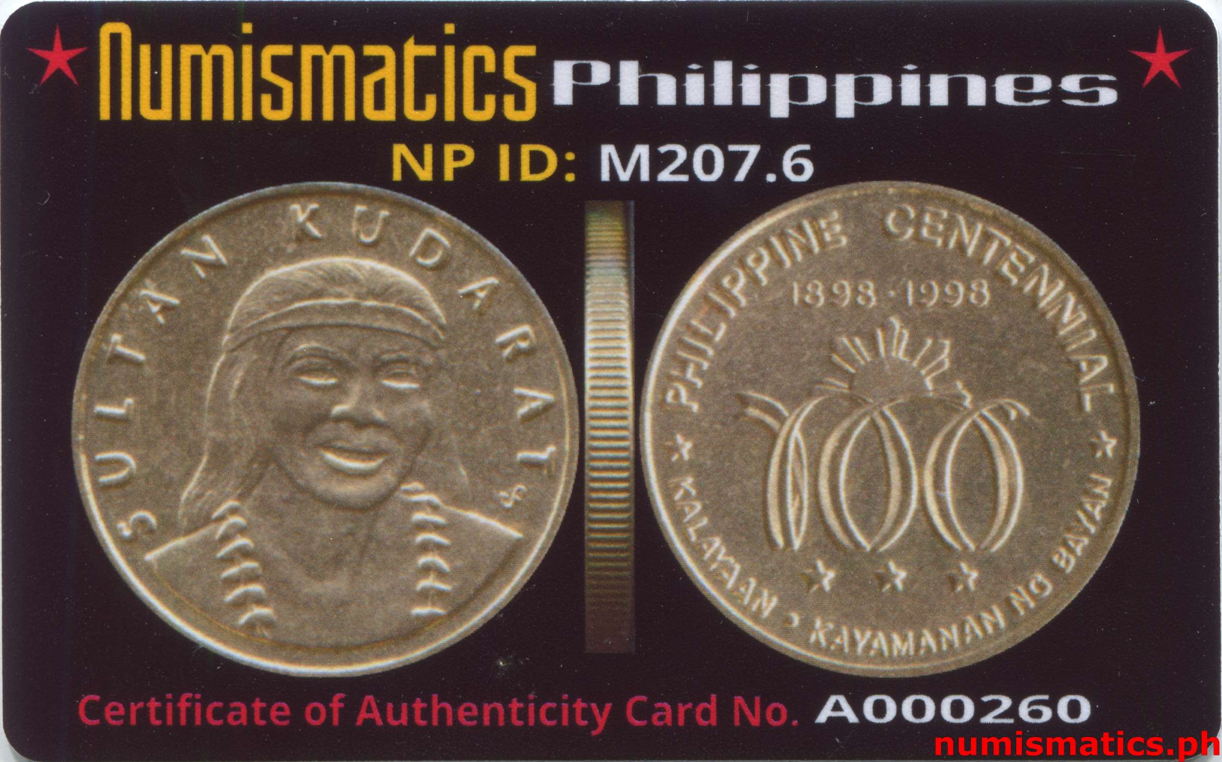 1998 Heroes Commemorative Coin Collection Sultan Kudarat A000260 COA Card Obverse