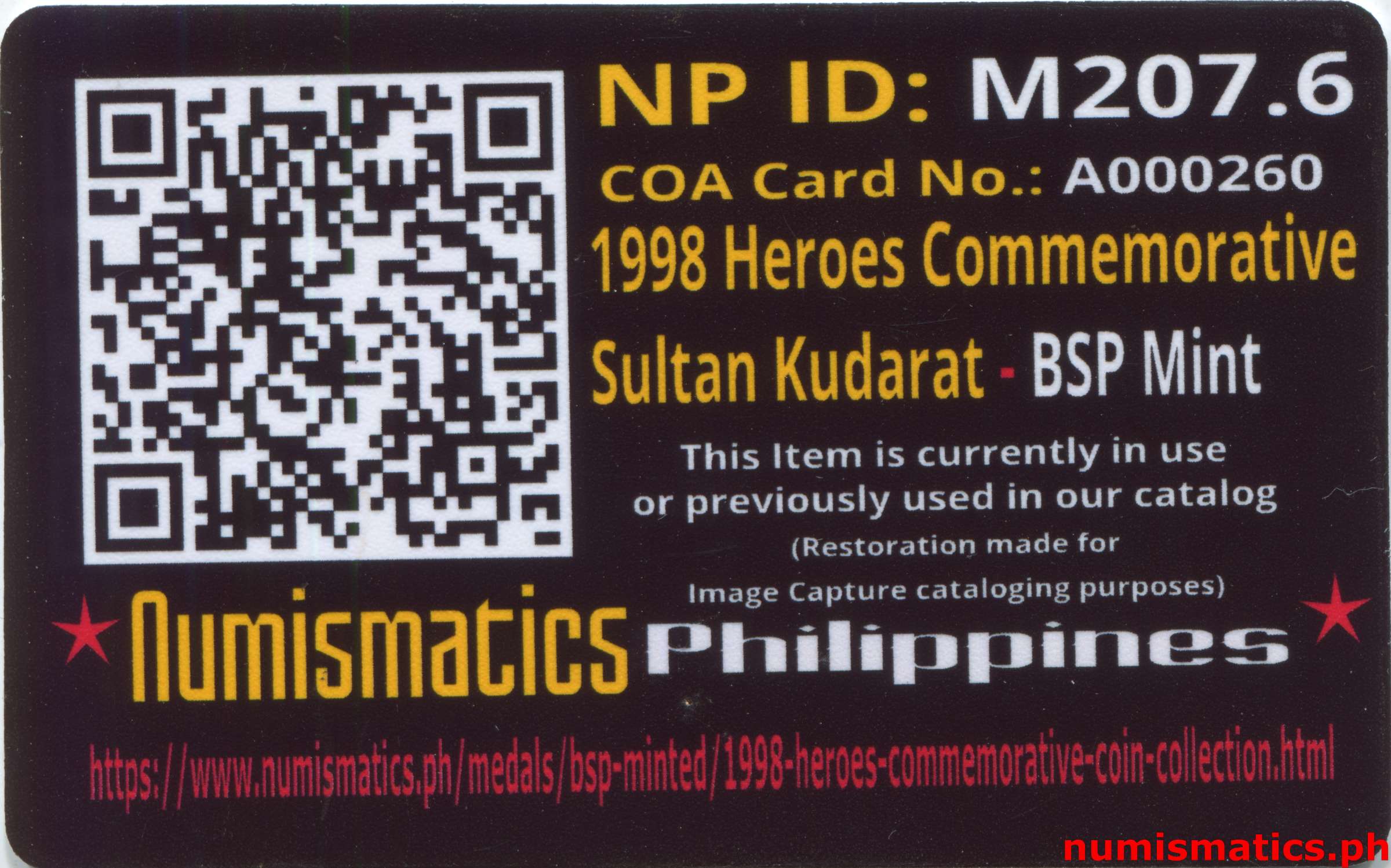 1998 Heroes Commemorative Coin Collection Sultan Kudarat A000260 COA Card Reverse