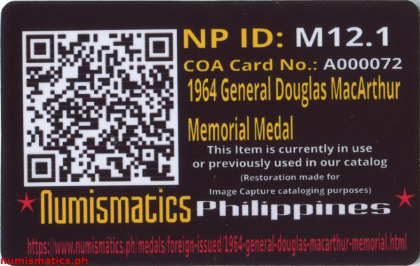 1964 General Douglas MacArthur Memorial Bronze Oxidized Medal A000072 COA Card Reverse