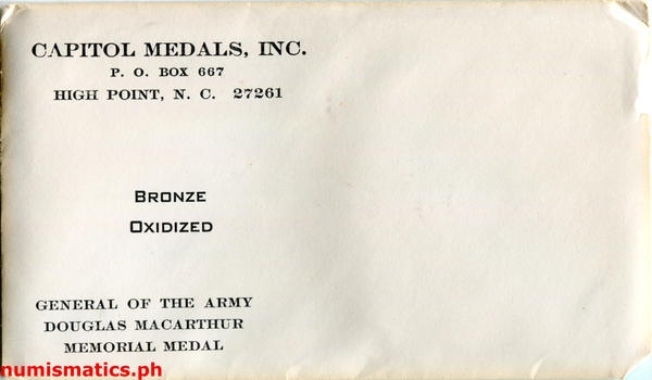 1964 General Douglas MacArthur Memorial Bronze Oxidized Medal Envelop 1