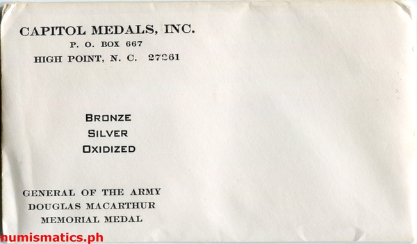 1964 General Douglas MacArthur Memorial Bronze Oxidized with Silver Satin Finish Medal A000094 Envelop