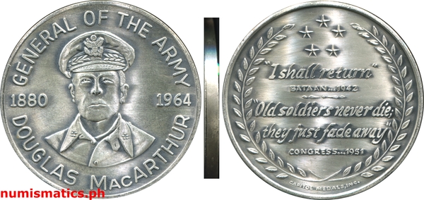 1964 General Douglas MacArthur Memorial Bronze Oxidized with Silver Satin Finish Medal