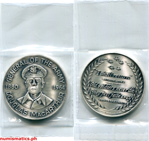 1964 General Douglas MacArthur Memorial Bronze Oxidized with Silver Satin Finish Medal Plastic