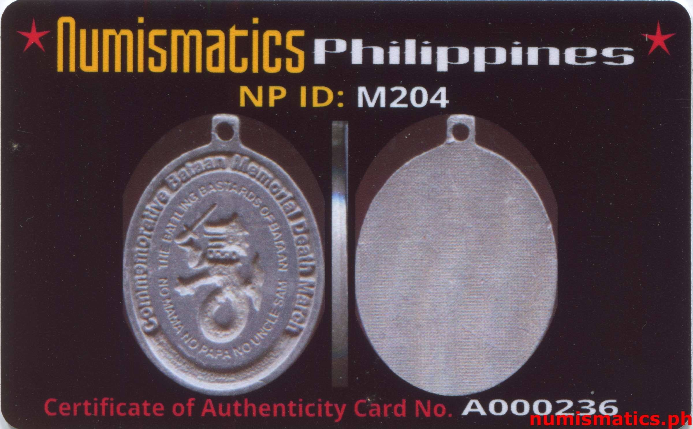Commemorative Bataan Memorial Death March Medal A000236 COA Card Obverse