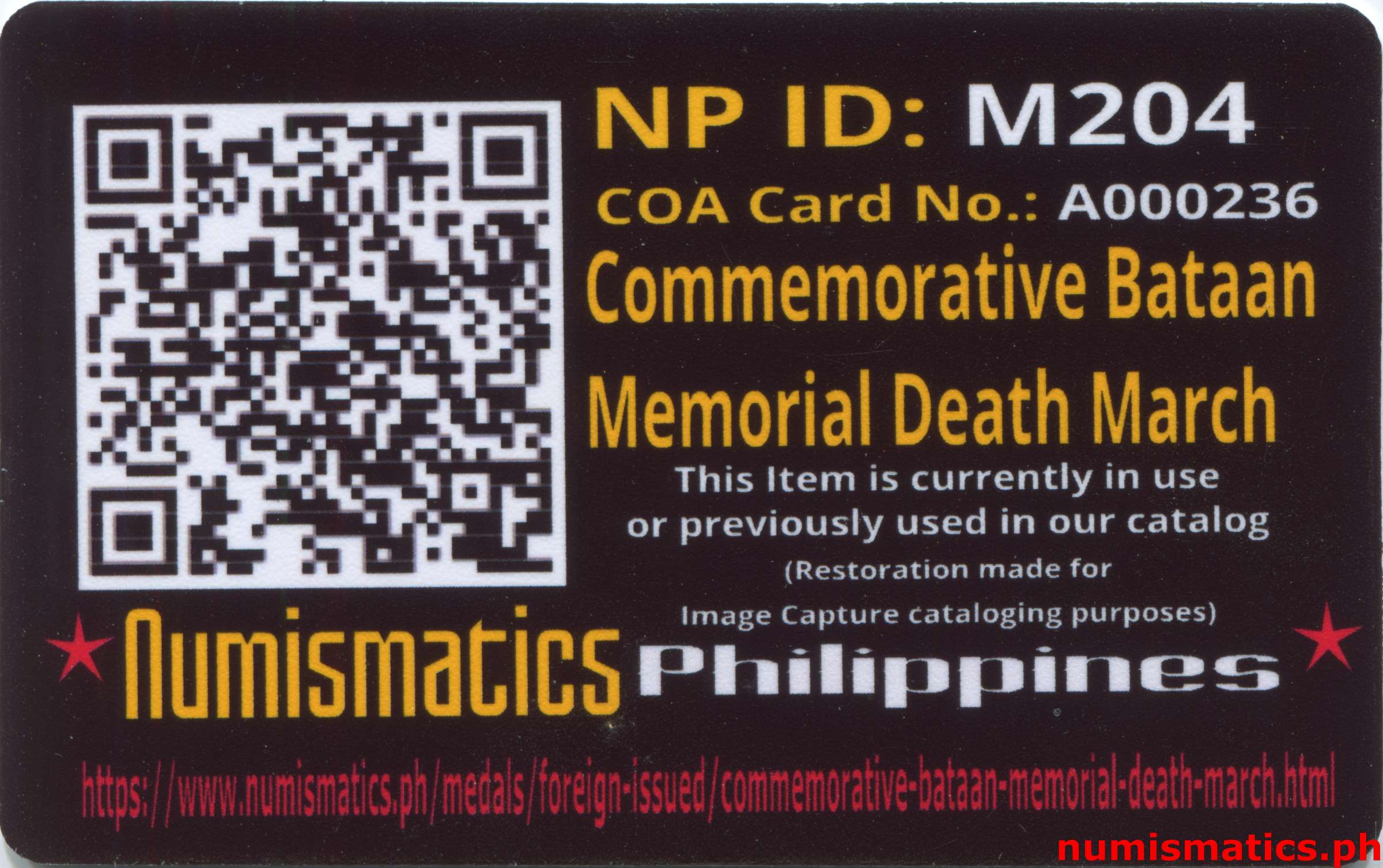 Commemorative Bataan Memorial Death March Medal A000236 COA Card Reverse