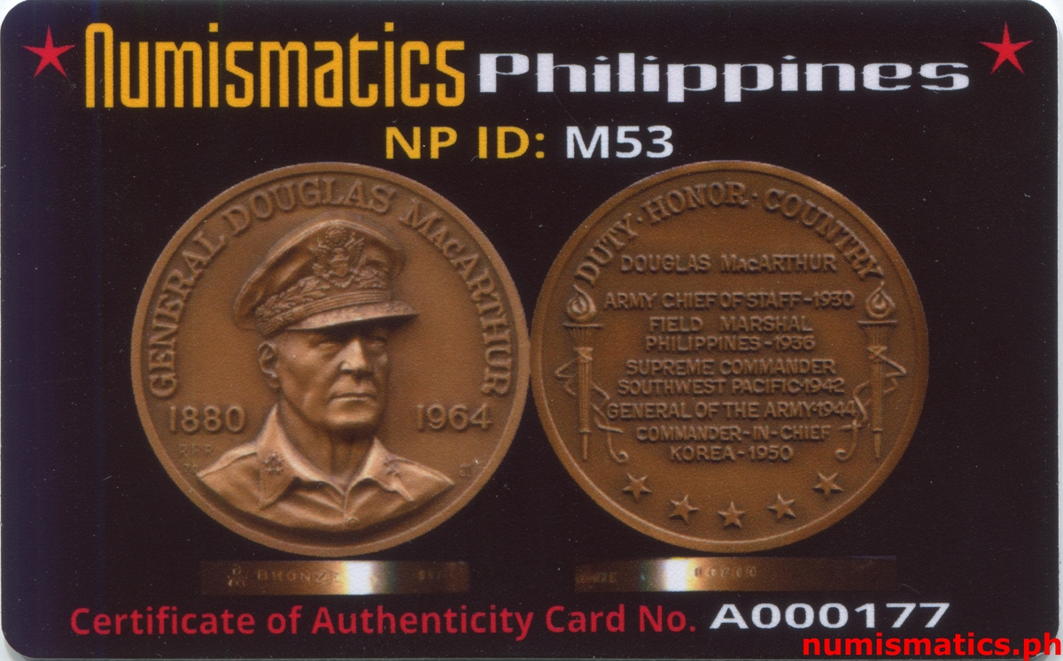 1971 Douglas MacArthur - Field Marshal Philippines Bronze Medal A000177 COA Card Obverse