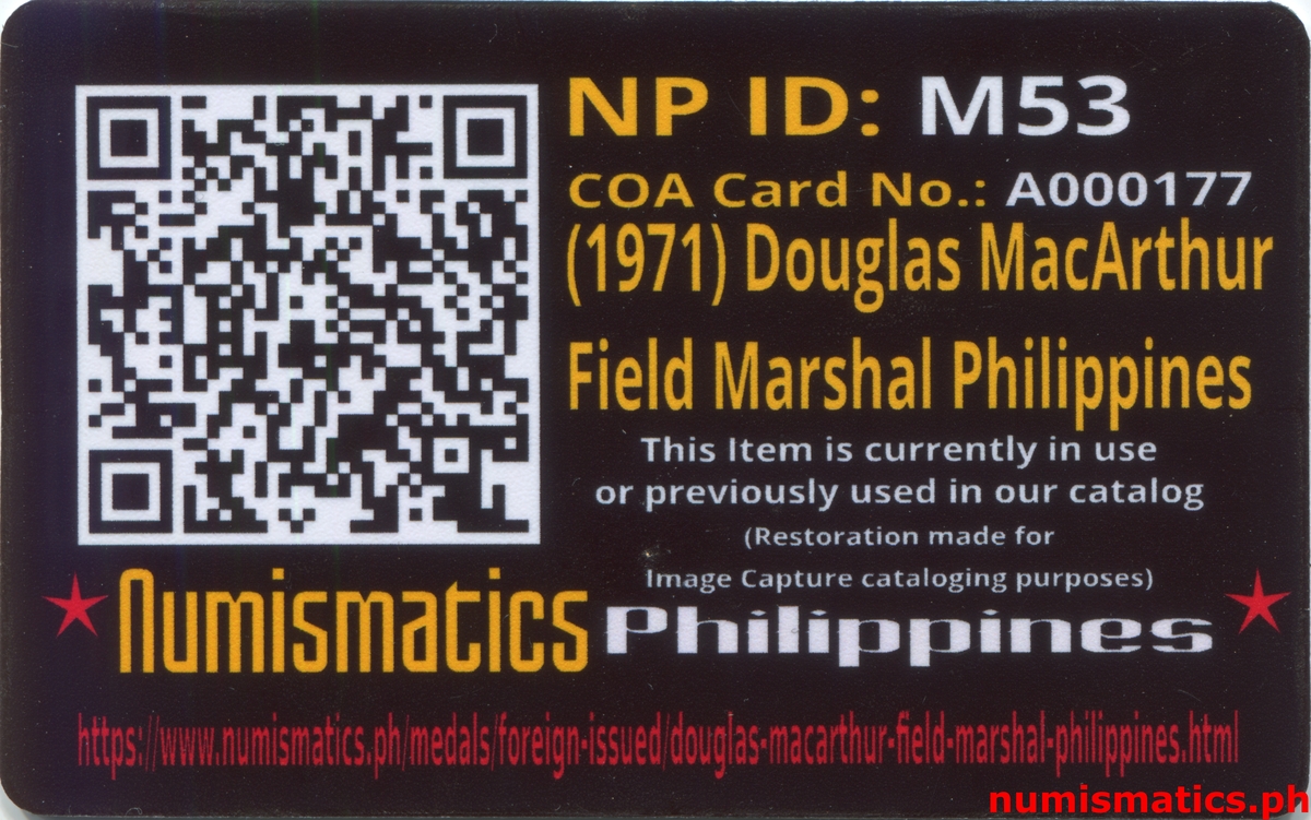 1971 Douglas MacArthur - Field Marshal Philippines Bronze Medal A000177 COA Card Reverse