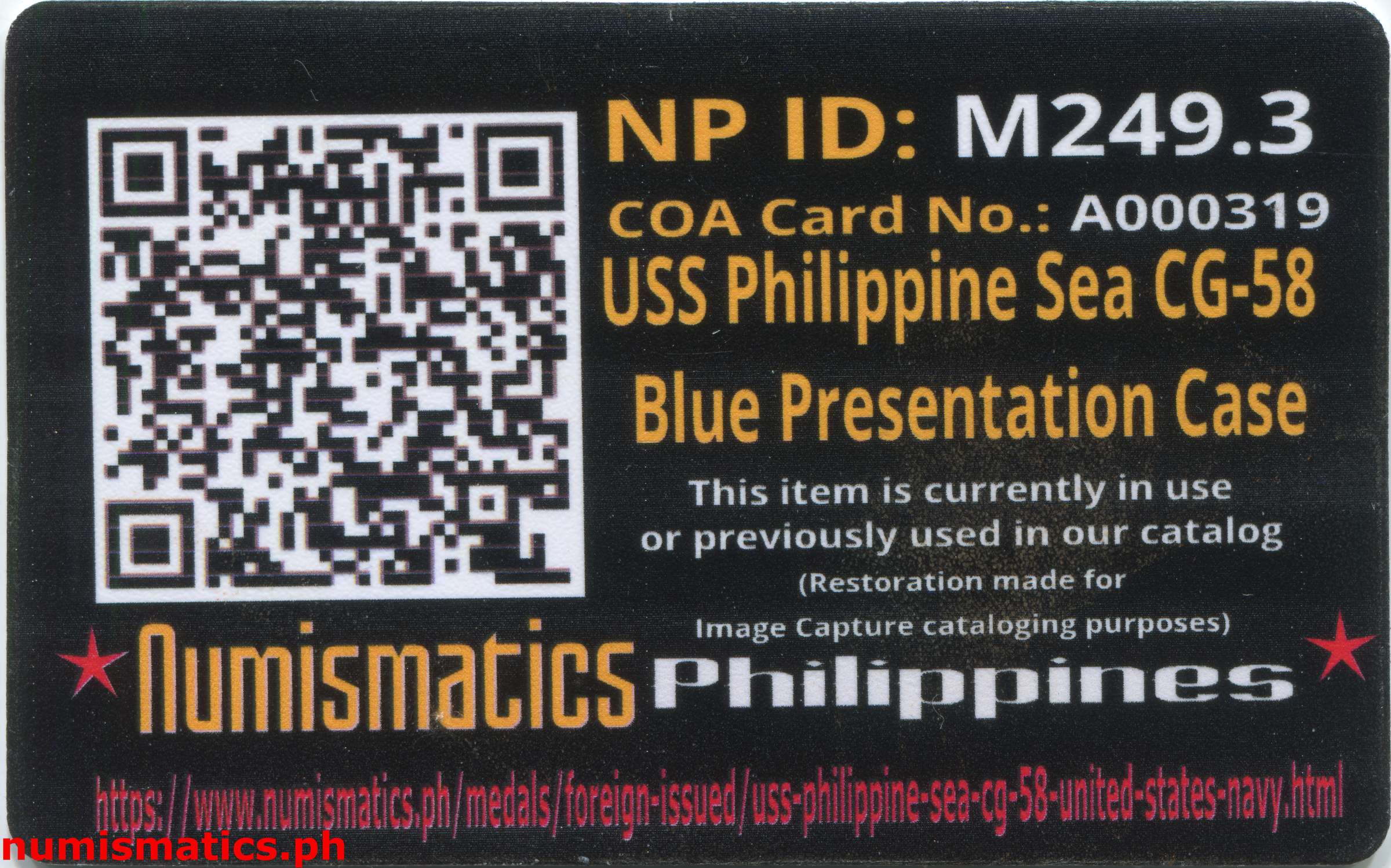 USS Philippine Sea CG-58 United States Navy Challenge Coin Blue A000319 COA Card Reverse