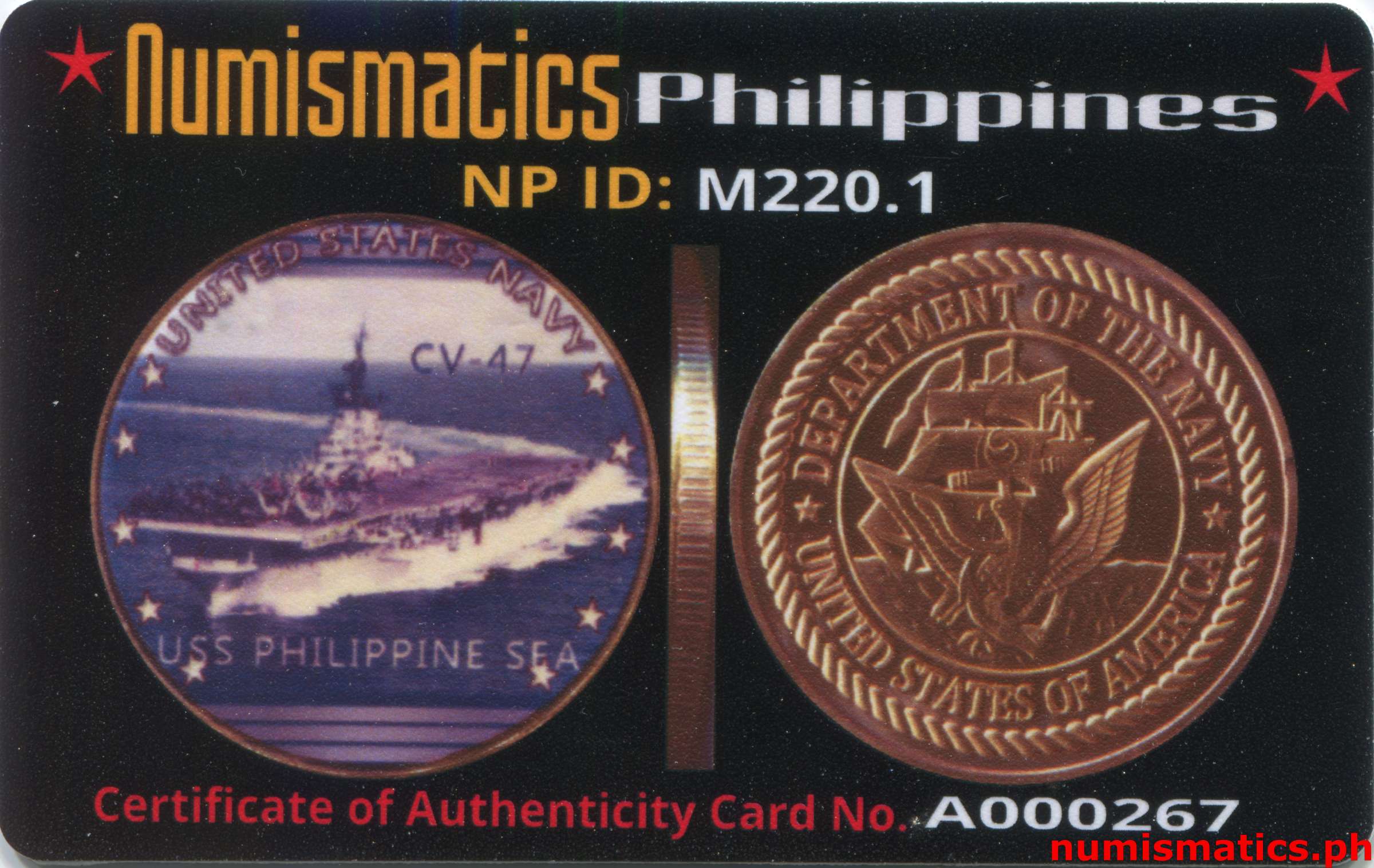USS Philippine Sea CV-47 United States Navy Challenge Coin A000267 COA Card Obverse