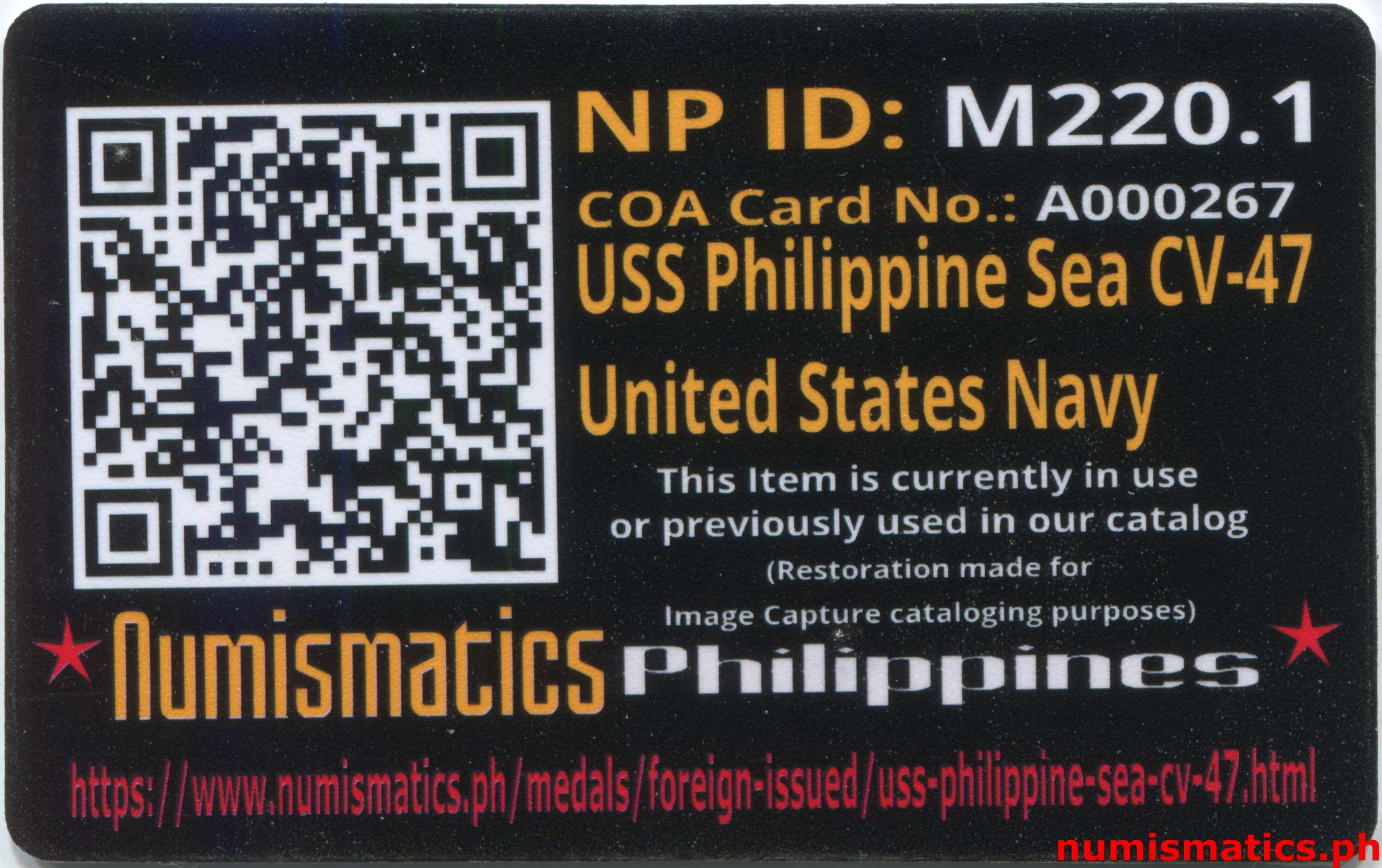 USS Philippine Sea CV-47 United States Navy Challenge Coin A000267 COA Card Reverse