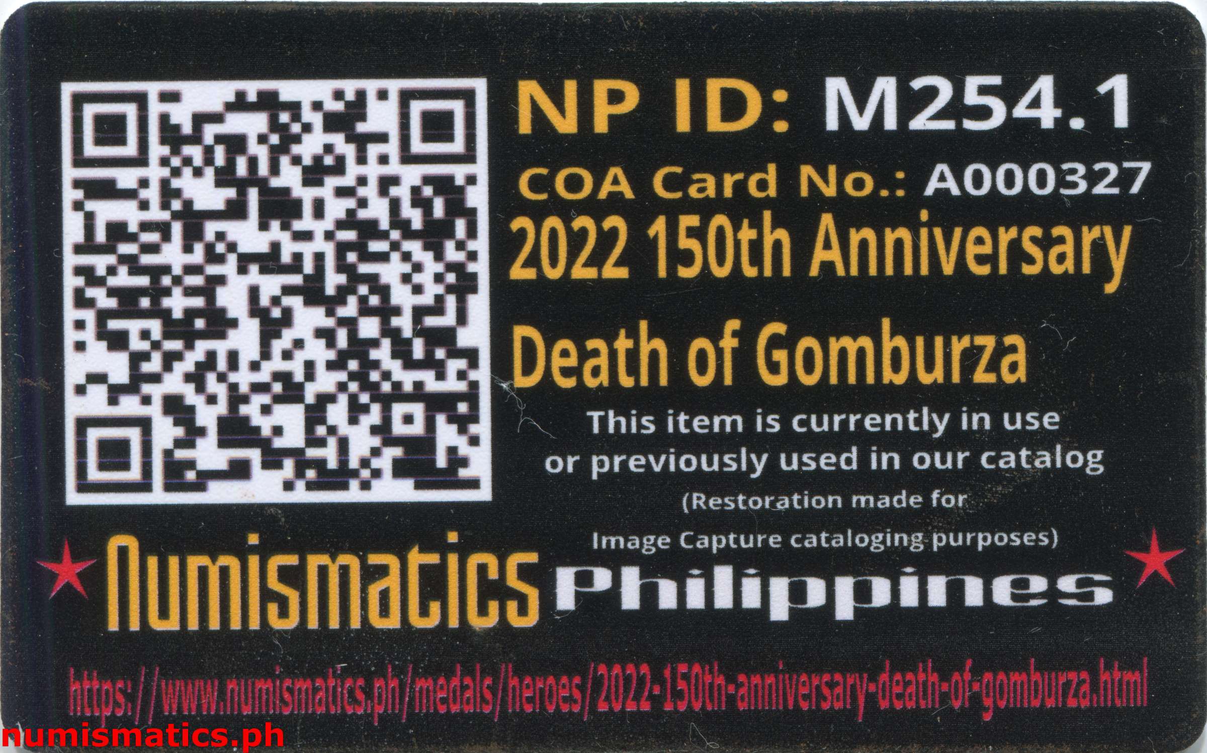 2022 150th Anniversary Death of Gomburza Medal A000327 COA Card Reverse