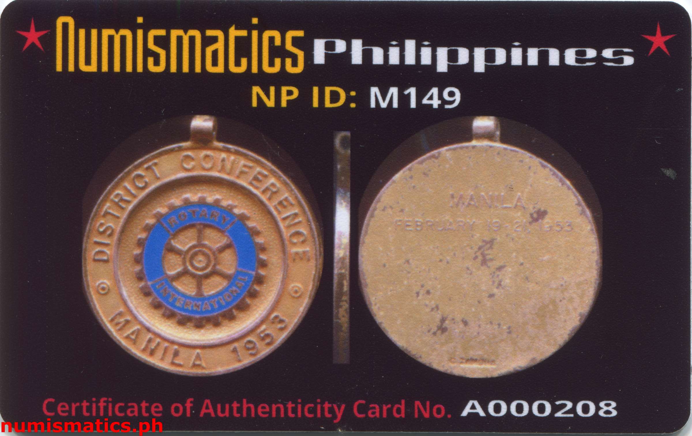 1953 Rotary International Manila District Conference Medal A000208 COA Card Obverse