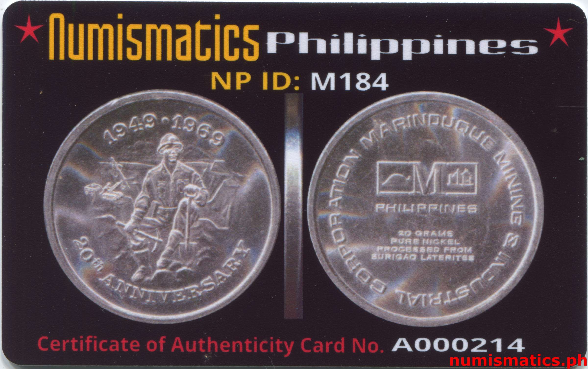 1969 20th Anniversary Marinduque Mining and Industrial Corporation Medal A000214 COA Card Obverse