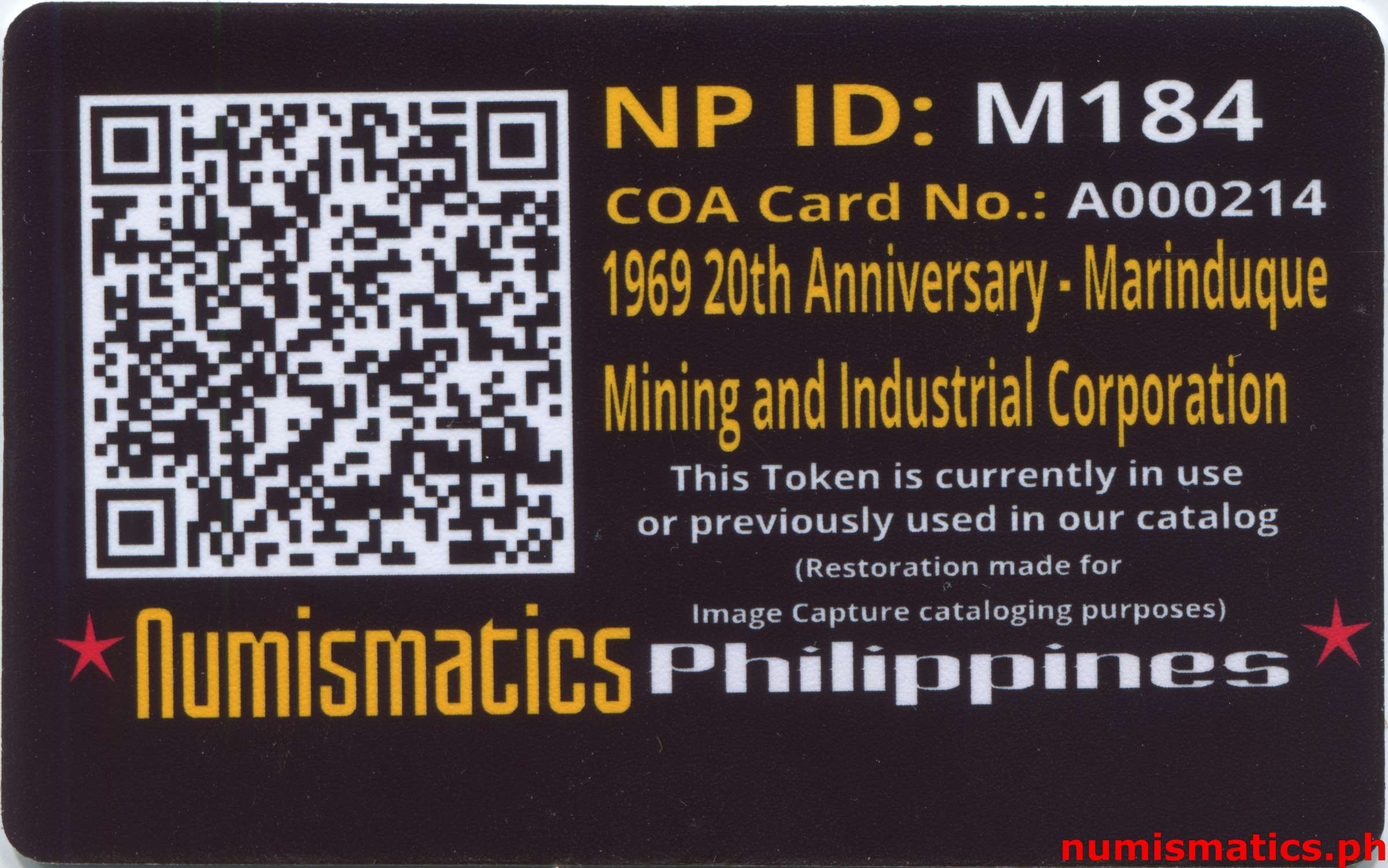 1969 20th Anniversary Marinduque Mining and Industrial Corporation Medal A000214 COA Card Reverse