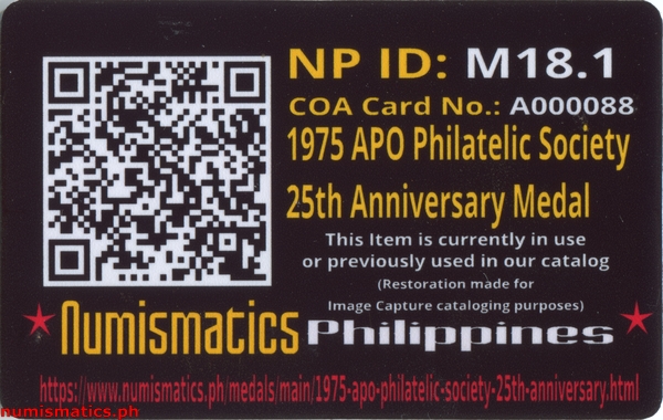 1975 APO Philatelic Society 25th Anniversary Medal A000088 COA Card Reverse