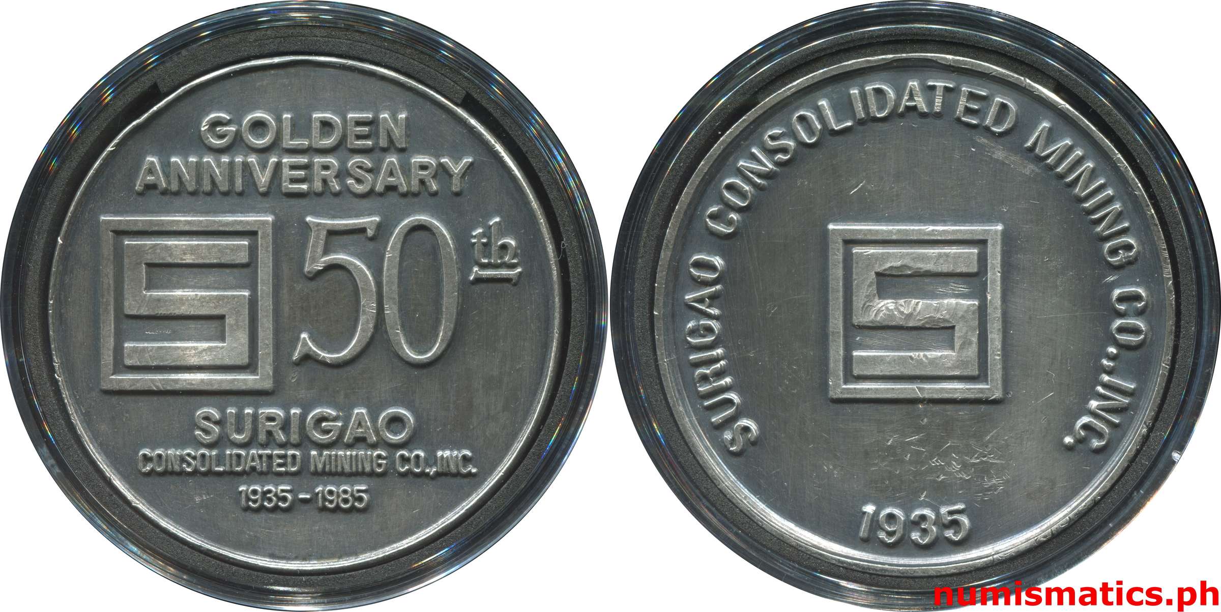 1985 Golden Anniversary Surigao Consolidated Mining Co., Inc. Medal A000222 Capsule